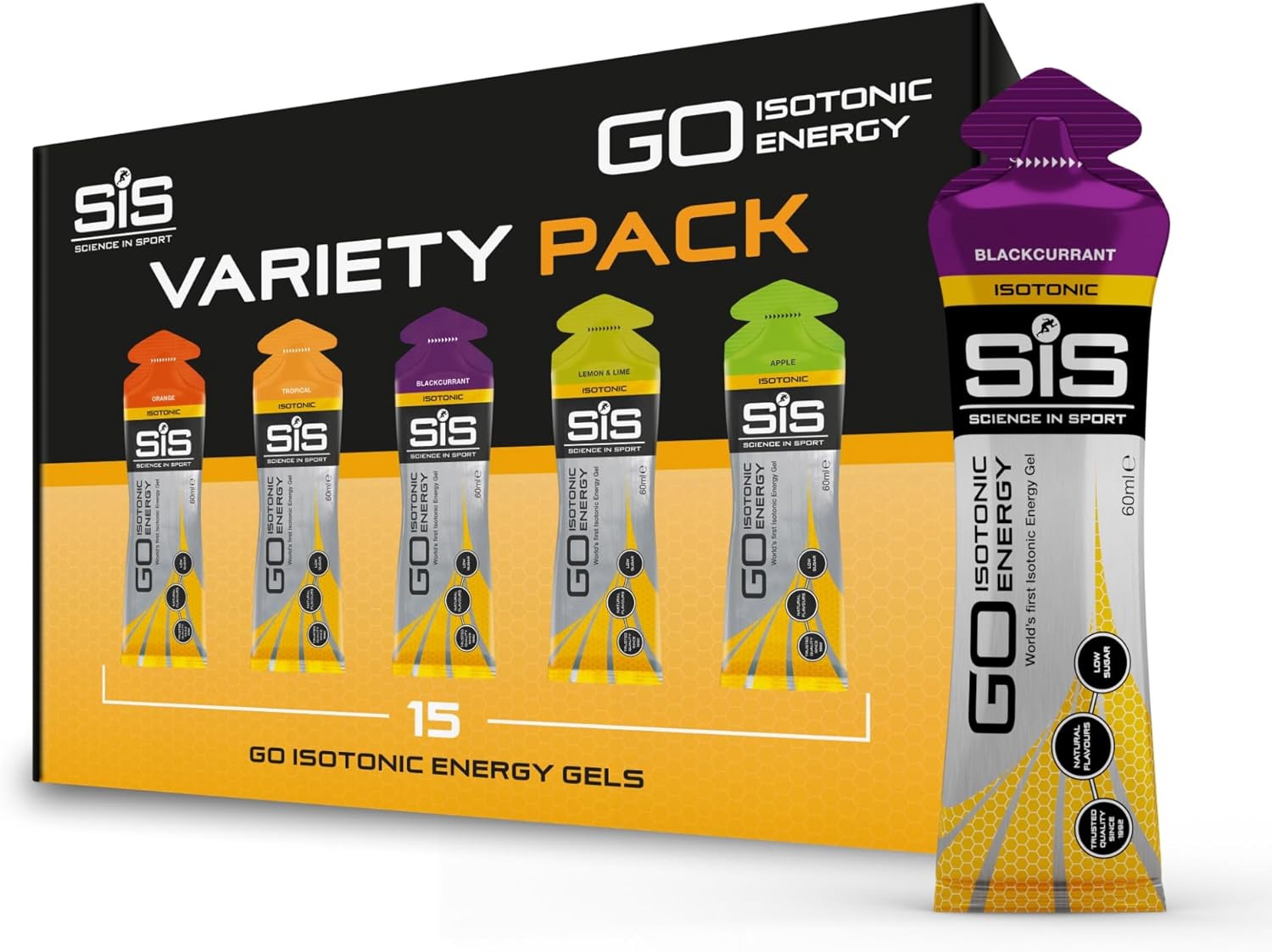 Science In Sport GO Isotonic Energy Gels, Running Gels with 22g Carbohydrates, Low Sugar, Variety Pack of Assorted Flavours, 60ml Per Serving (15 Pack)