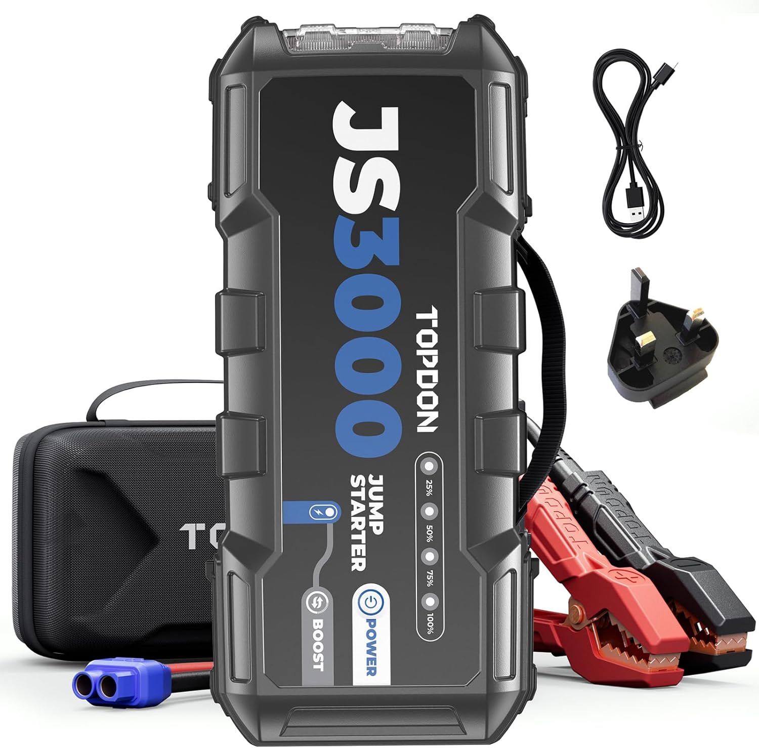 Topdon Car Battery Jump Starter, TOPDON JS3000 12V 3000A Battery Booster Jump Starter Pack Up to 9L Gas/ 7L Diesel Engines, Battery Charger with Handle Jumper Cable & EVA Protection Case (JS3000-UK)