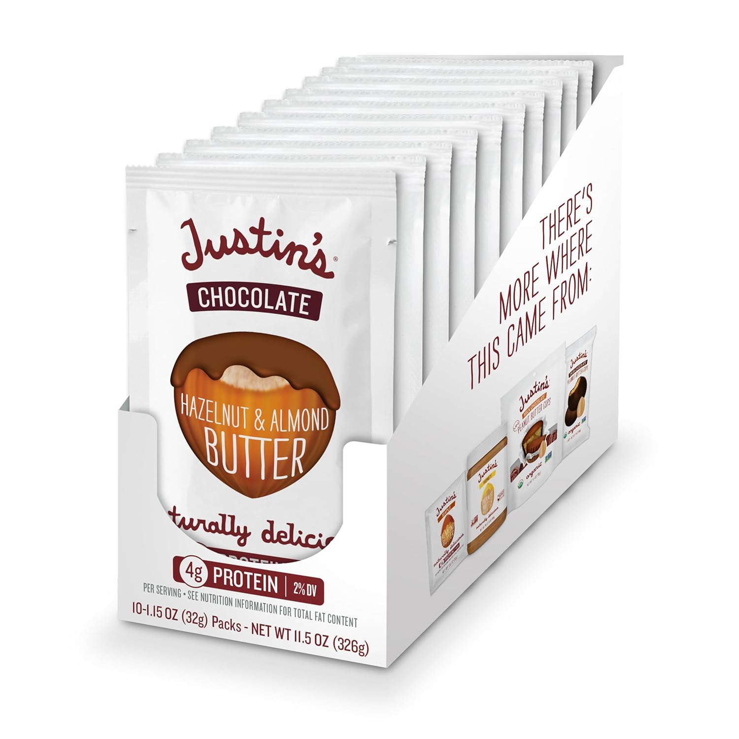 Justin's Chocolate Hazelnut & Almond Butter Squeeze Pack, Organic Cocoa, Gluten-free, Responsibly Sourced, Packaging May Vary, 1.15 Ounce (Pack of 10)