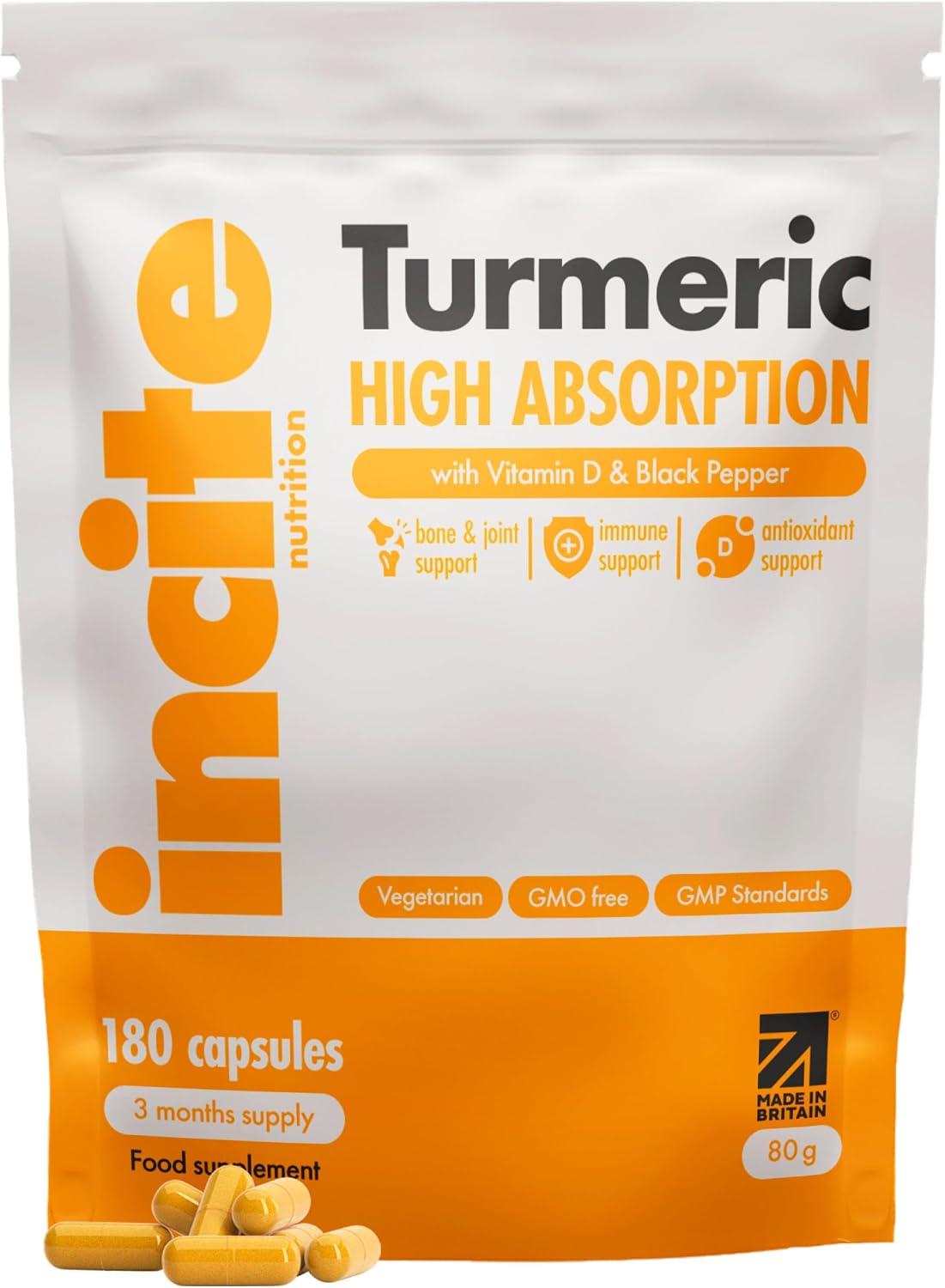 Incite Nutrition Turmeric Tablets 2000 mg. 3 Month Supply of High Strength Curcumin with Vitamin D. Antioxidant, Anti-Inflammatory, Immune System Support. Non-GMO and Suitable for Vegetarians