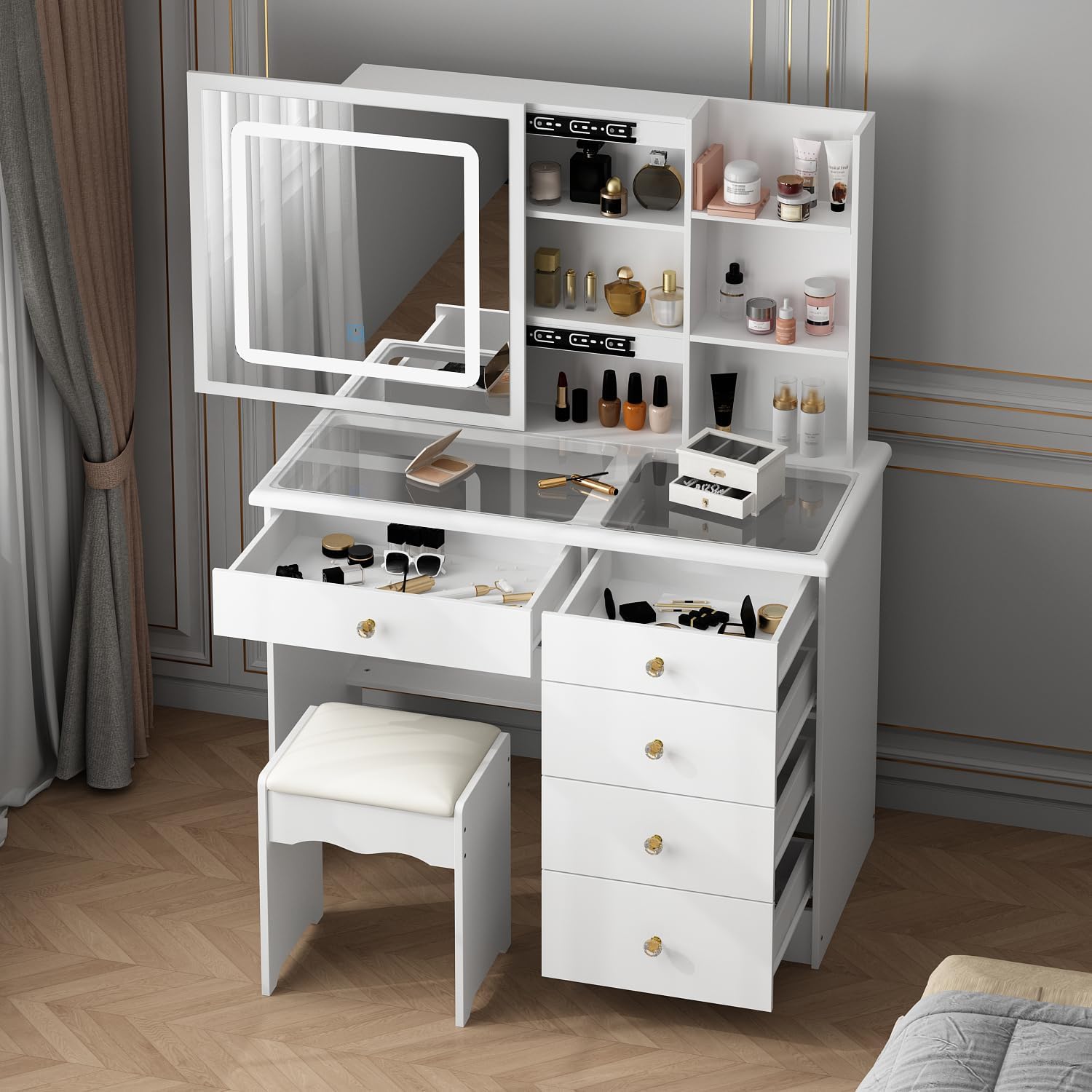 Vanity Desk with Mirror and Lights, Makeup Vanity Desk with Sliding Mirror, Glass Desk-Top and Lights in 3 Colors Modes, White Vanity Table and Chair Set with 5 Drawers, Glass Top