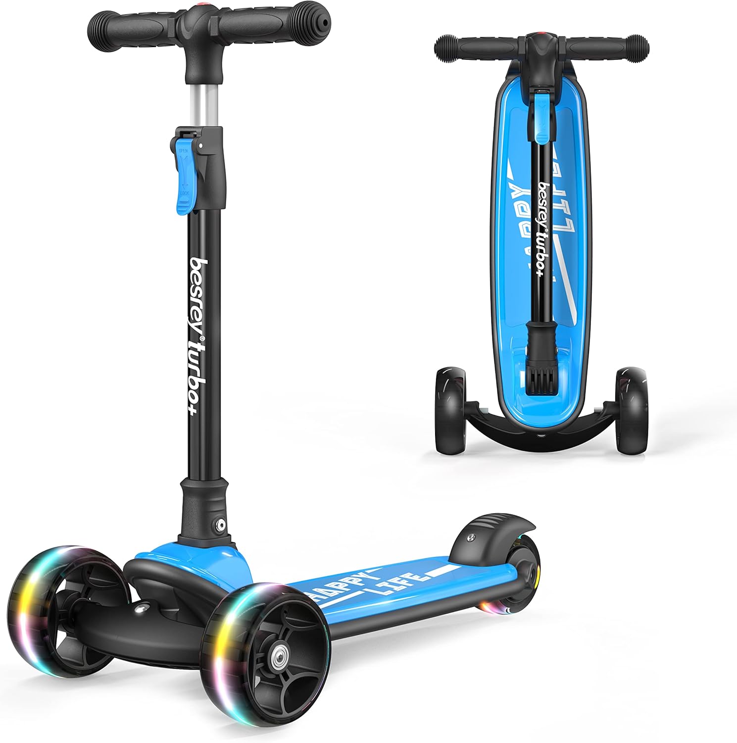 besrey Kids Scooter - Big Wheels Foldable Kick Scooter with Flashing LED Lights for Boys Girls, 4 Levels Height Adjustable Scooter, Wide Deck Scooter for Kids Ages 2-8