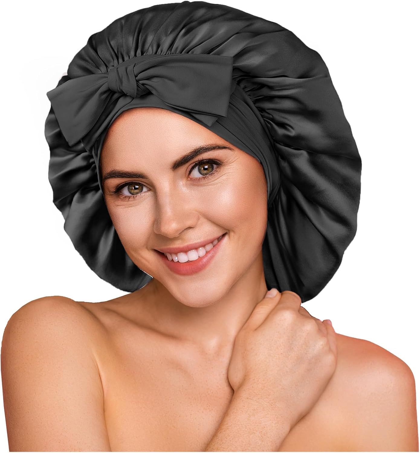 Umisleep 100% 22 Momme Mulberry Silk Bonnet for Sleeping Women, Larger Double Layer Silk Hair Wrap for Curly Short Long Hair, Non-Slip Sleep Cap Turban with Elastic Tie Band for Hair Care, Black