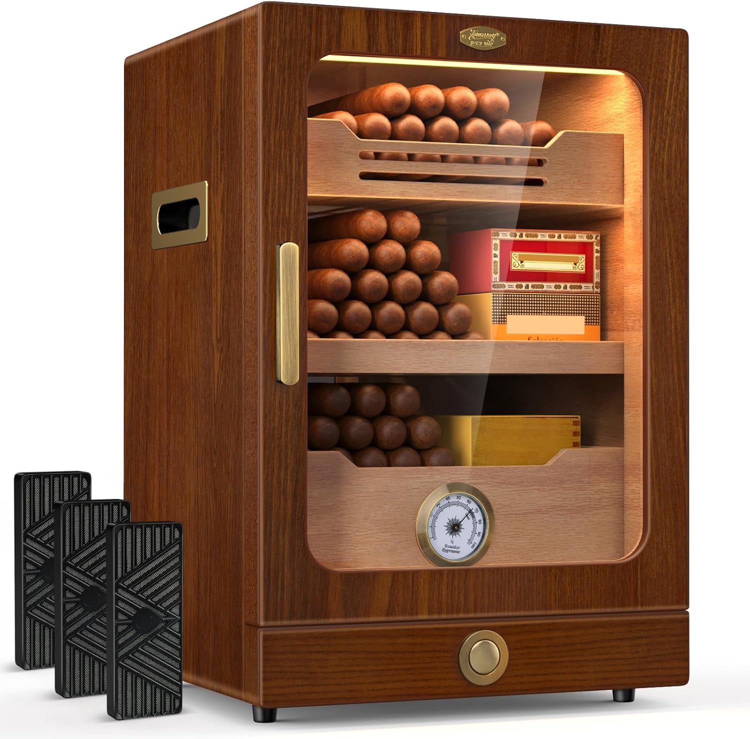 Cigar Humidor, Desktop Cigar Humidor Cabinet Light Control System with Spanish Cedar Wood Shelves, Hygrometer, 3 Humidifiers and Cigar Accessories Drawer, Father's Day Gift for Men (Brown)