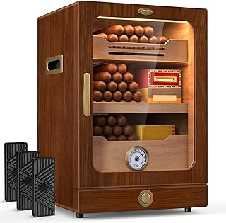 Cigar Humidor, Desktop Cigar Humidor Cabinet Light Control System with Spanish Cedar Wood Shelves, Hygrometer, 3 Humidifiers and Cigar Accessories Drawer, Father's Day Gift for Men (Brown)