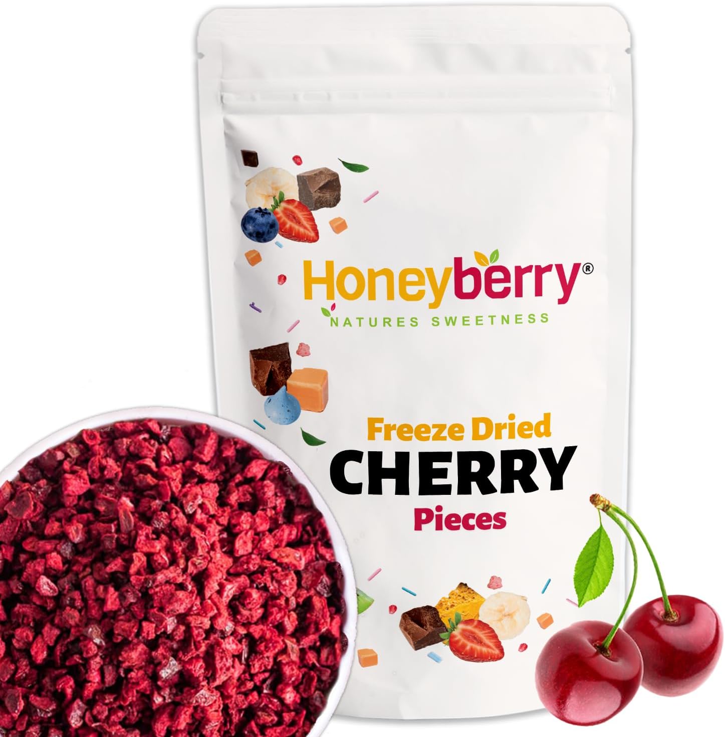 Freeze Dried Cherry Pieces 100g - Dehydrated from Frozen Dry Sour Cherries - 100% Natural, No Added Sugar, Gluten Free, Vegan Friendly - Edible Fruit Chunks for Baking, Cake Decoration, Smoothie, Oats