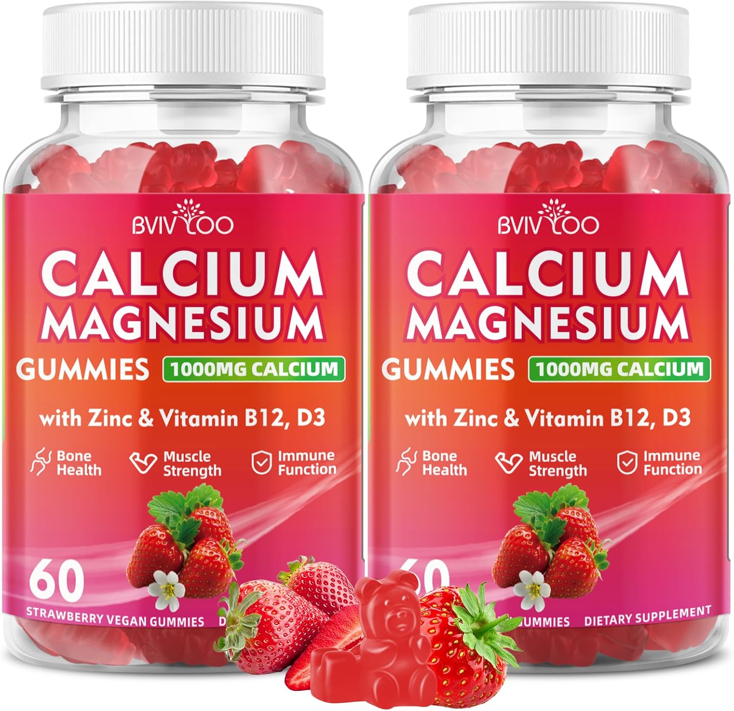 Calcium Gummies 1000mg with Vitamin D3 K2 & B Complex, Potassium, Calcium Magnesium Zinc Gummies for Bone, Muscle, Mood and Immunity - Vegan, Non-GMO, Strawberry Flavor 120 Count