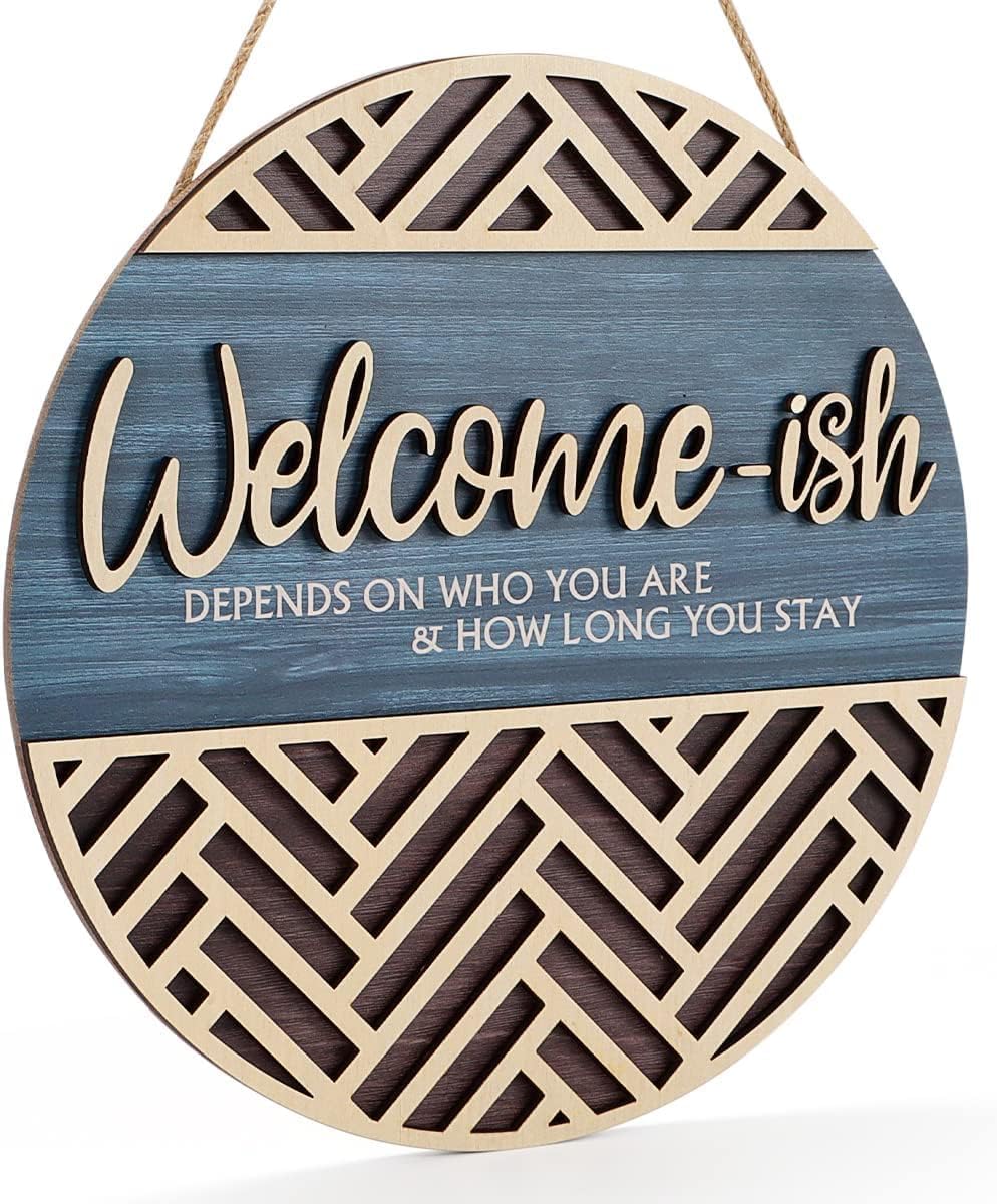 CHDITB 3D Welcome Hanging Sign Plaque for Front Door Welcome Outdoor Sign Funny Welcome-ish Wall Art (12''x 12'') Funny Signs For Home Indoor Wooden Wall Plaque for Farmhouse