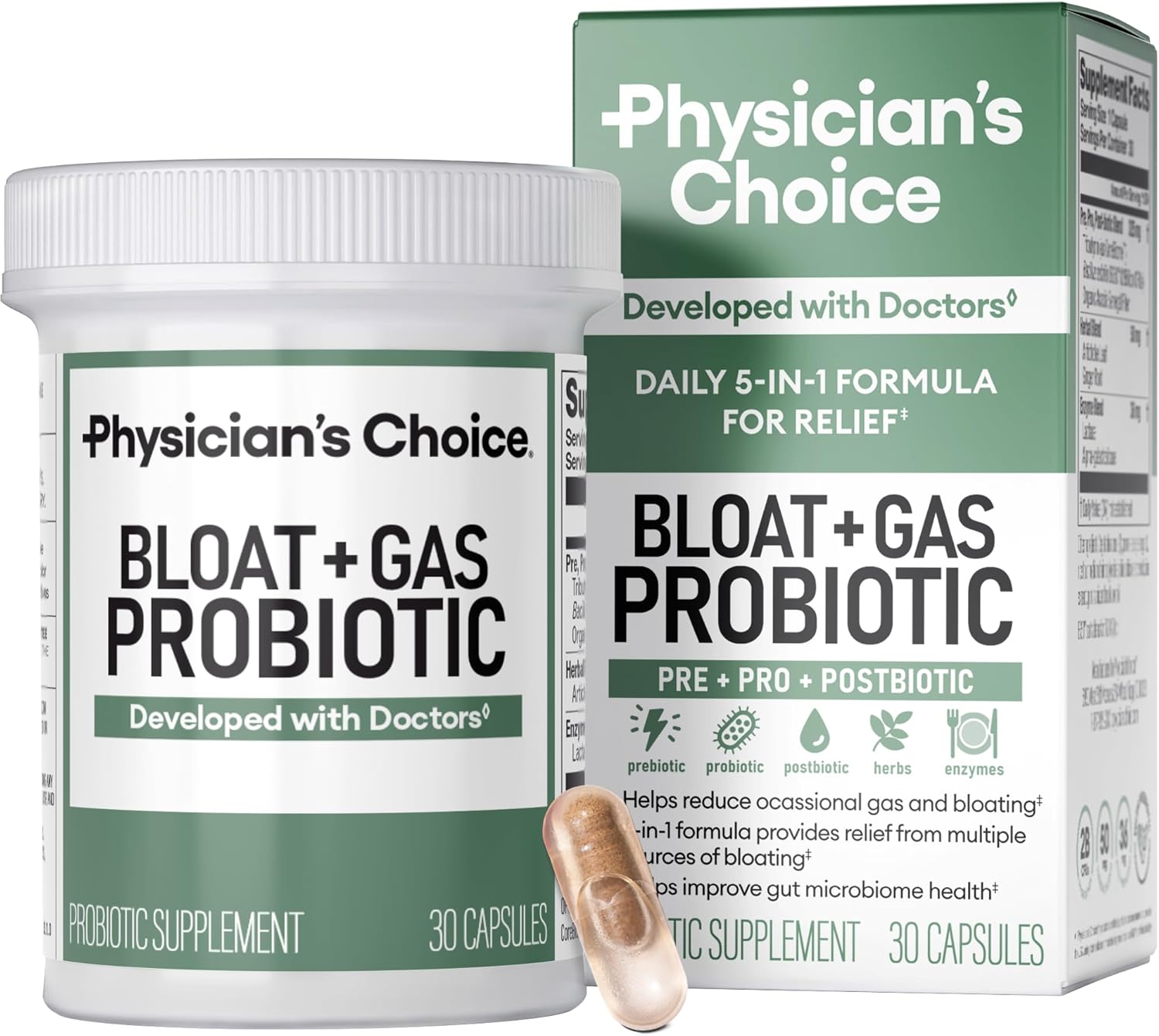 Physician's CHOICE Bloat & Gas Probiotic 5-in-1 Proactive Support + Daily Relief - Digestion & Gut Health- Herbals, Digestive Enzymes, Post & Prebiotics - Gas Relief for Adults - Women & Men - 30ct