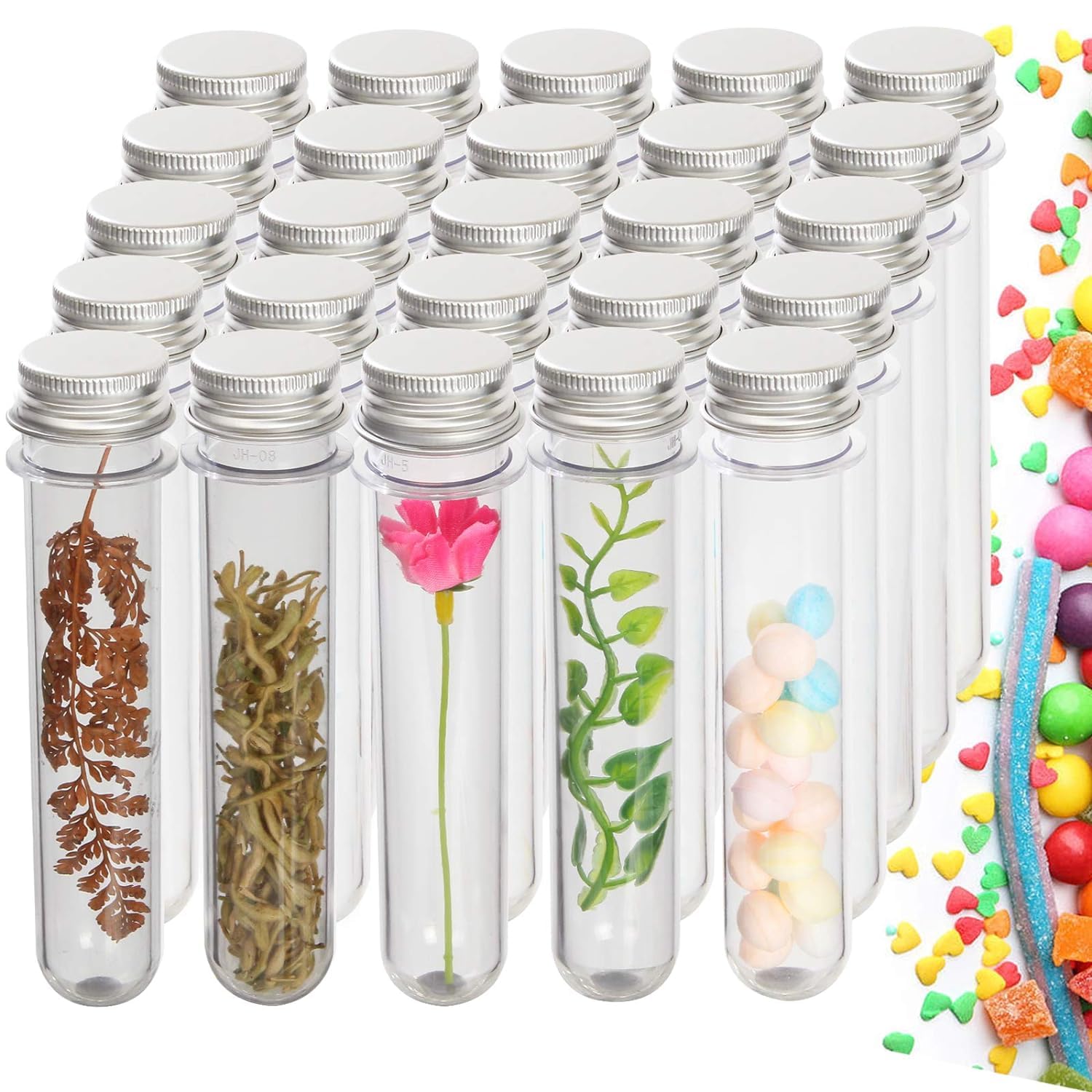 KAHEIGN 60Pcs Plastic Test Tubes with Caps, 45ml Clear Bath Salt Tubes Gumball Candy Tubes Vials Tube Container for Flower Spices Candy Sweets Glass Beads Liquid Laboratory