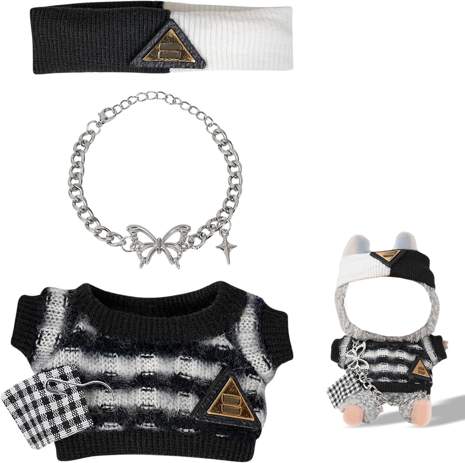 HDJY 17cm & 10cm Doll Clothes Set: Black and White Stripes, Striped, Cartoon, Animal Theme, Includes Sweater, Headband, Necklace