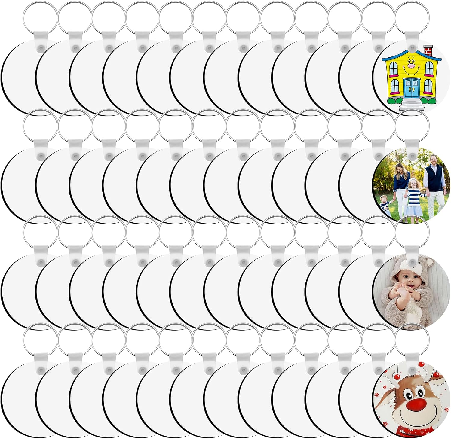 SPOKKI 180 Pieces Sublimation Keychain Blanks Bulk, Double Side Heat Transfer Sublimation Ornament Blanks Blanks, 60 Sets Keychain Rings and Jump Rings for DIY Keychain Crafting (Round)