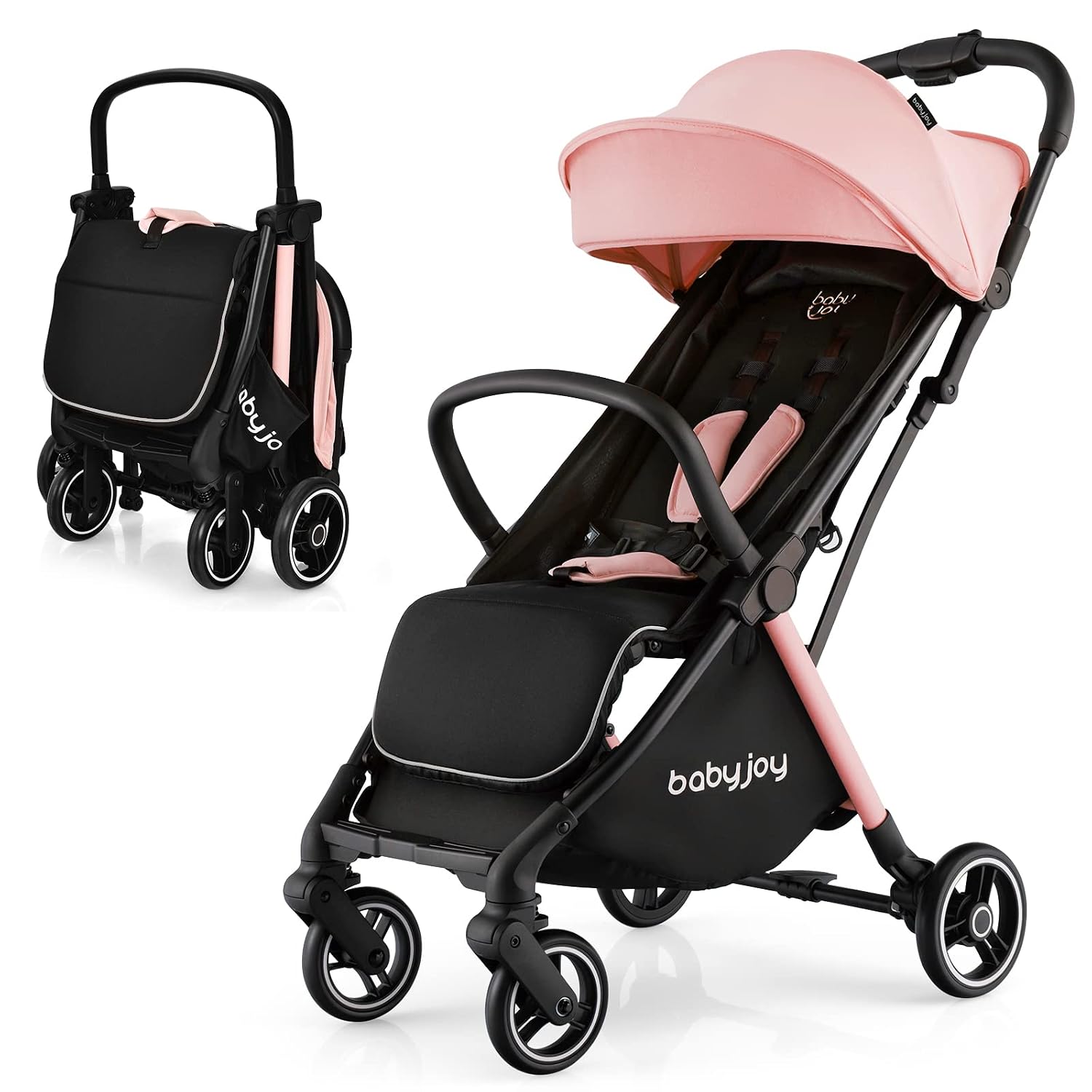BABY JOY Lightweight Baby Stroller, Compact Travel Stroller for Airplane, Infant Toddler Stroller w/Adjustable Backrest & Canopy, Storage Basket, Self Standing Gravity Fold, Aluminium Frame (Pink)