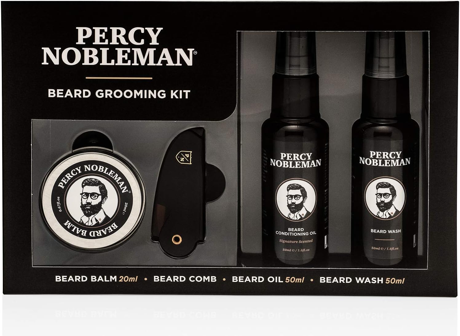 Percy Nobleman Beard Grooming Kit. A Men's Gift Set Containing a Signature Scented Beard Oil 50ml. Beard Wash 50ml. Beard Balm 20ml. Beard Comb.