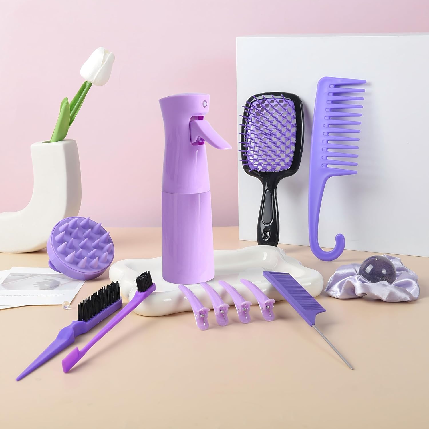 12 Pcs Hair Brush Set for Women, Spray Bottle, 3 Pieces Slick Back Hair Brushes for Toddlers, Soft Scalp Massager, Detangling Hairbrush for Wet Dry Curly Hair Detangling, Wide Tooth Combs (purple)
