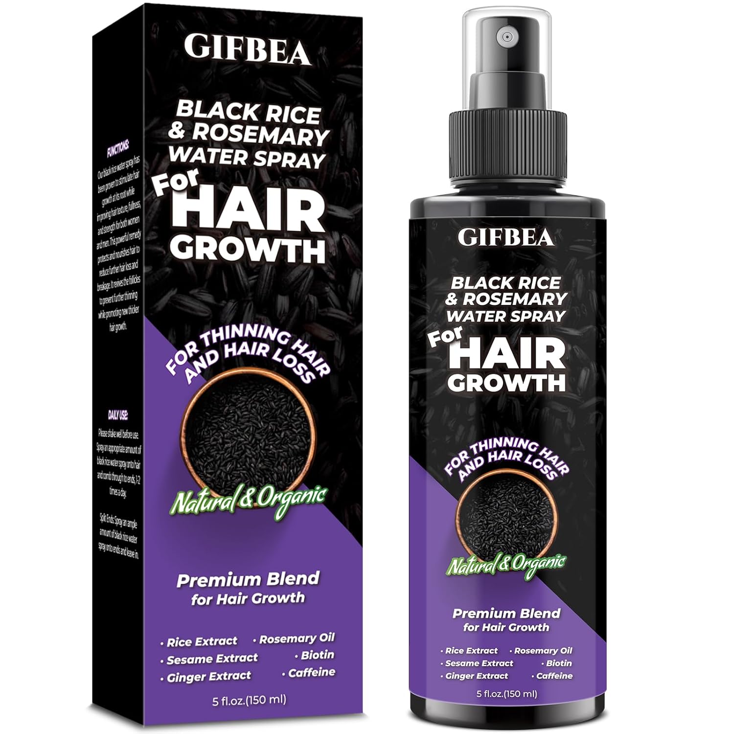 GIFBEA Organic Black Rice Water Hair Growth Serum Spray, 5 Fl Oz, Rosemary Scent, For All Hair Types, With Biotin, Castor Oil, Caffeine, Hair Loss Treatment