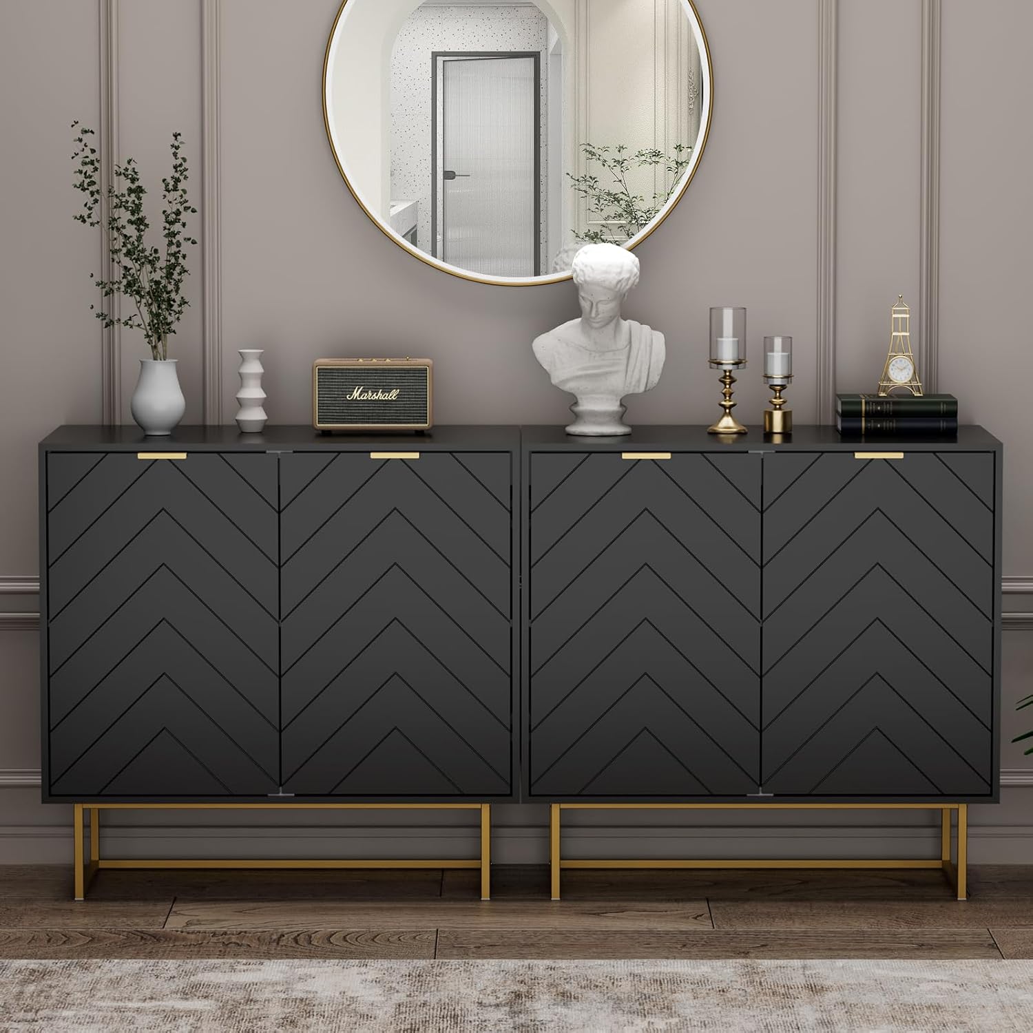 Scurrty Sideboard Cabinet, Buffet Cabinet with Storage Set of 2, Sideboard Storage Cabinet with Adjustable Shelf, Accient Cabinet for Living Room, Kitchen, Black