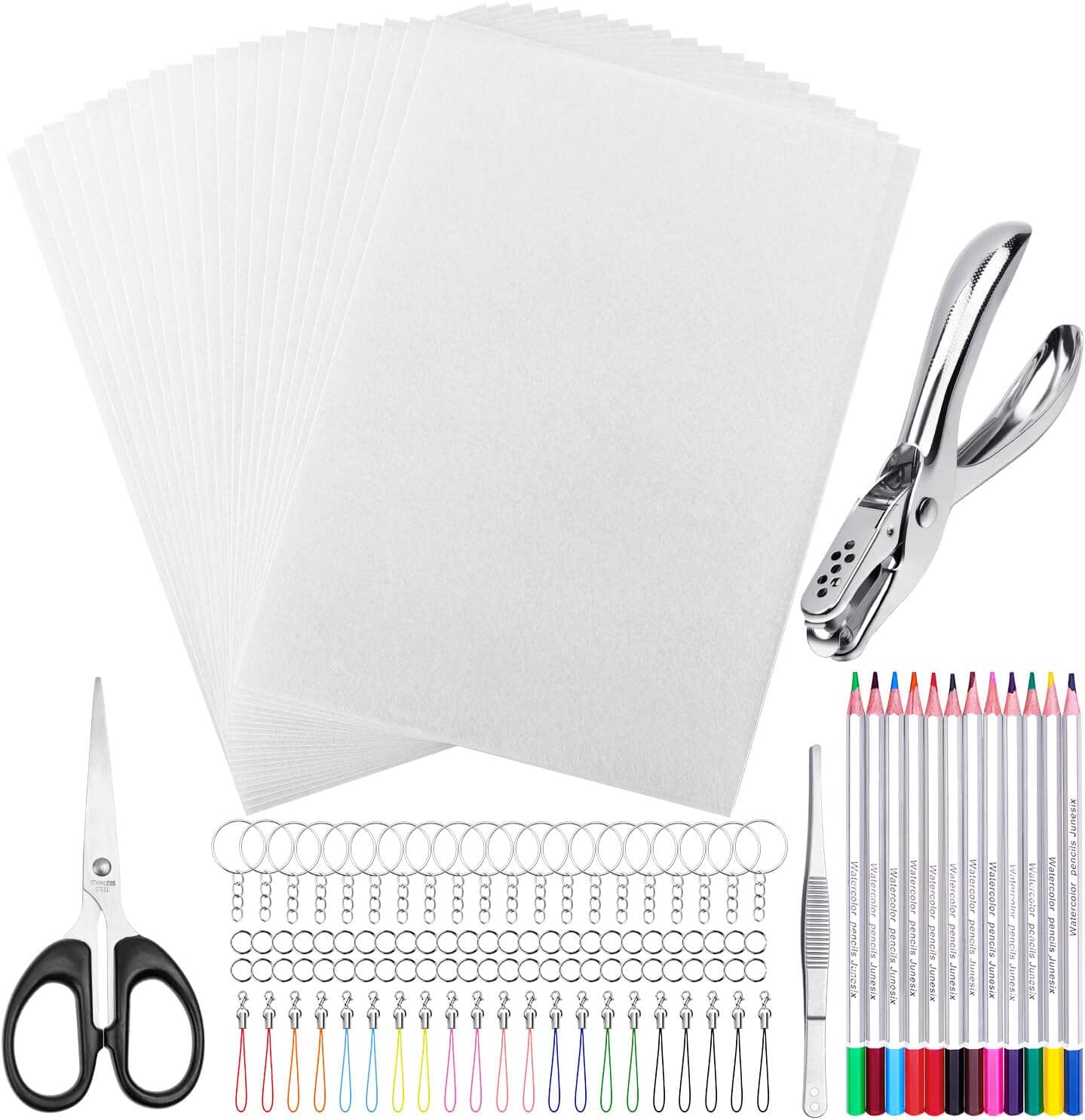 shynek Shrinky Plastic Sheets Keychain Kit, 125Pcs Shrinky Art Kit Including 20 Pcs Shrinky Paper Sheets, Hole Punch, Pencils, Keychains, Tweezers, Scissors for Crafts and Keychains