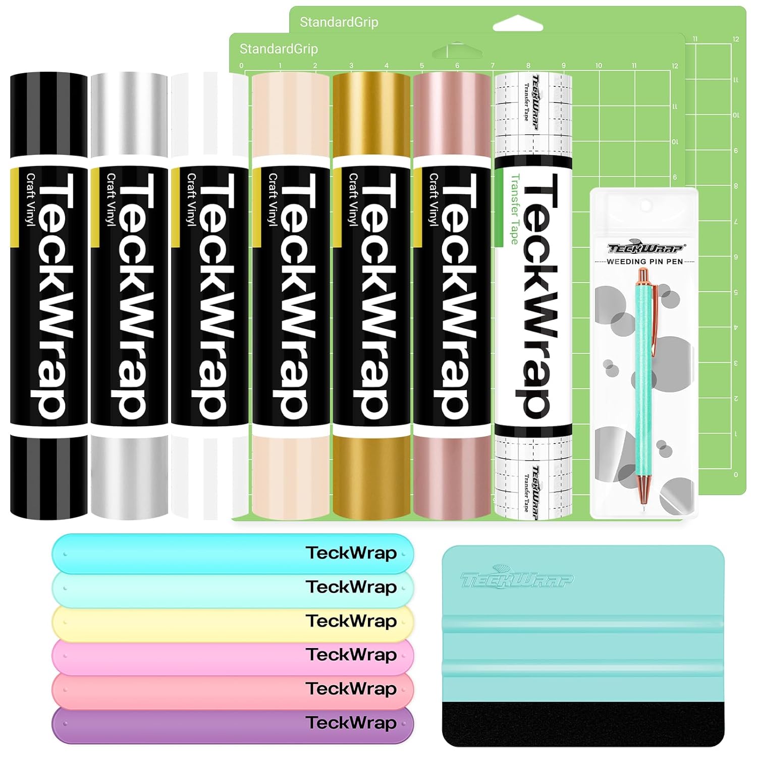 TECKWRAP Permanent Adhesive Vinyl Bundle All-in-One Basic Accessories - 12in x 5ft 6 Colors - 1 Roll Transfer Tape - 10PCS Craft Application Tools