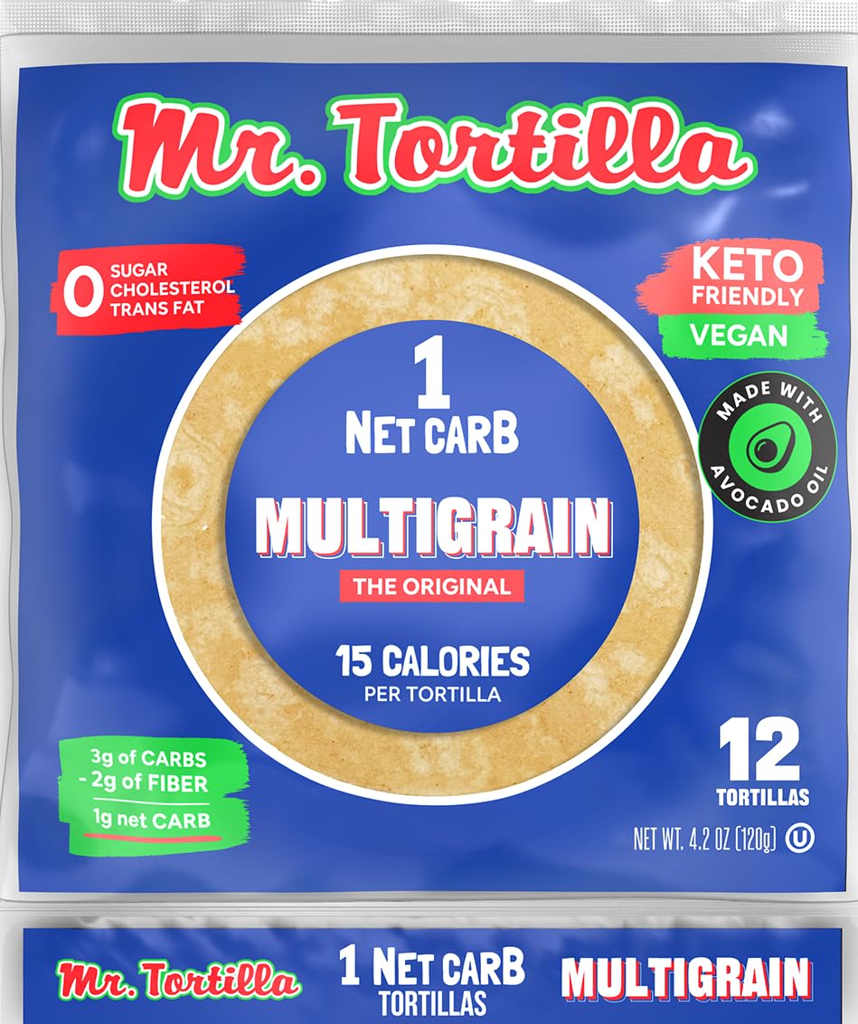 Mr. Tortilla Low Carb Tortilla Wraps - Keto Tortillas with Avocado Oil - Street Taco Size - 1 Net Carb per Serving - Low Calorie Keto Wraps - Low Carb Tortillas - (Multigrain, 12 Count)