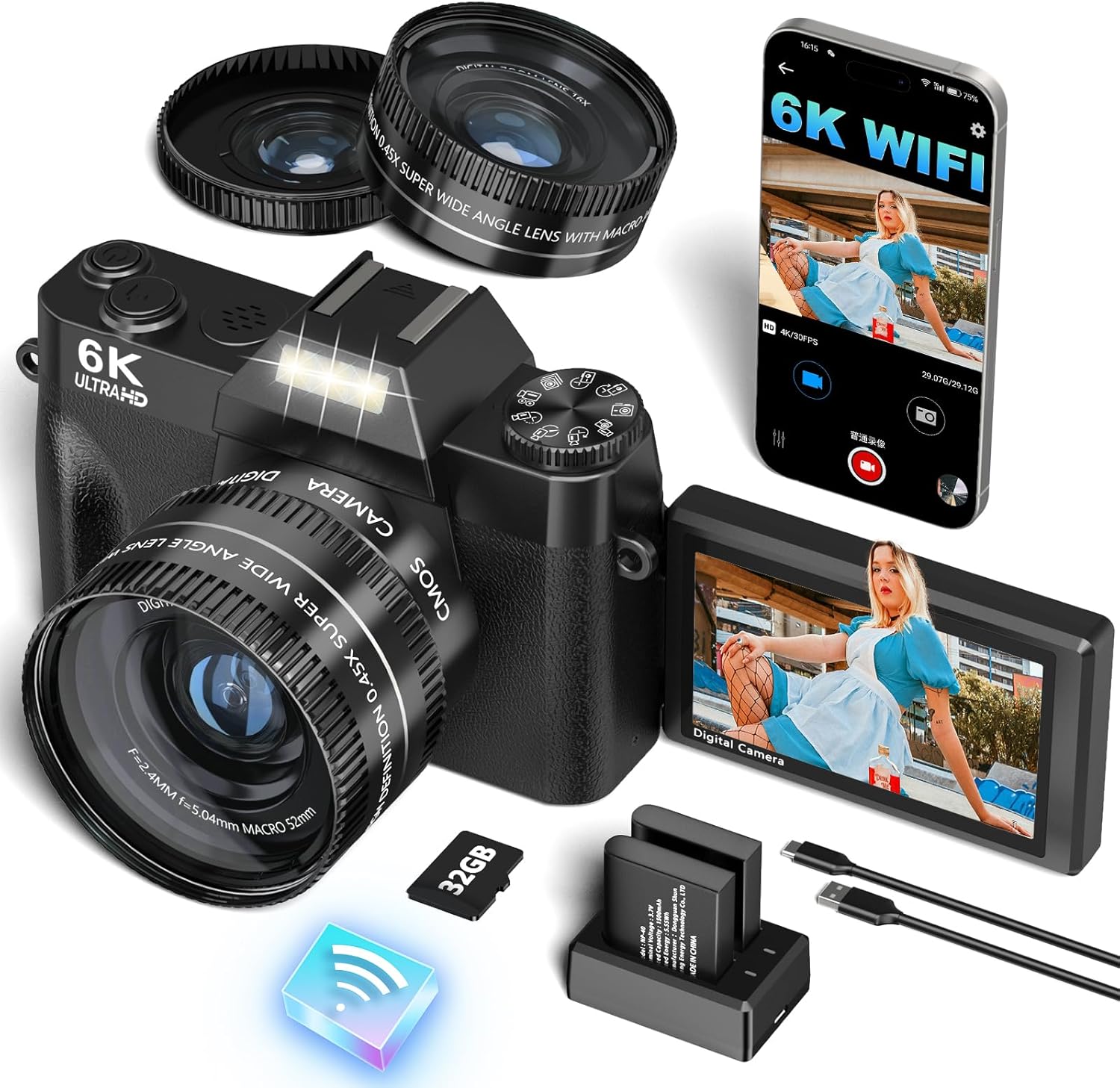VJIANGER 2025 Upgrade 6K Digital Camera for Photography 64MP Vlogging Camera for YouTube with WiFi, 180°Flip Screen, 16X Digital Zoom, 52mm Lens, 32GB Micro SD Card, 2 Batteries(Black)