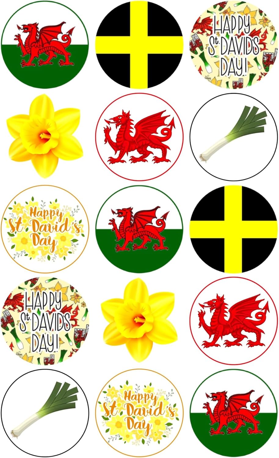 15 x St David's Day Party Pack Edible Wafer or Icing Cupcake Toppers Welsh Wales Party Cake Decorations Perfect For Brownies Cookies Muffins & More! (Edible Wafer Card)