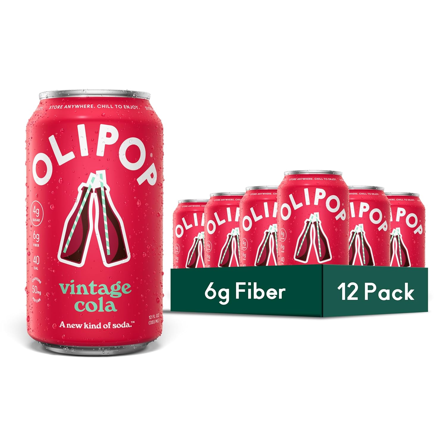 OLIPOP Prebiotic Soda Pop, Vintage Cola, Pantry Pack Packed with Prebiotics, Fiber, and Botanicals, Gluten Free, GMO Free, 12oz (12-Cans)