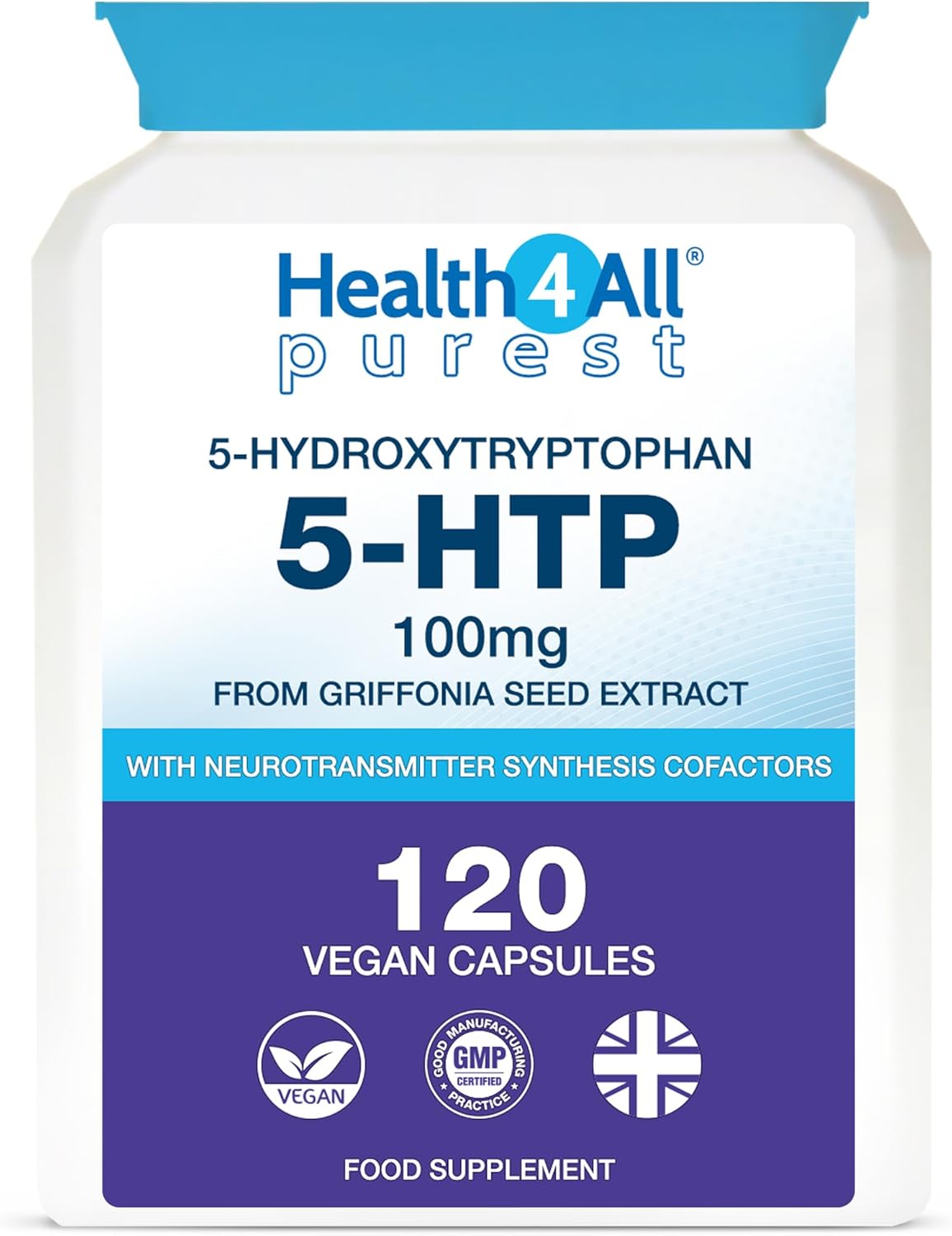 Health4All 5-HTP Supplement 100mg per Capsule 4-Month Supply 120 Capsules High Strength 5 HTP from Griffonia Seed Extract with Serotonin and Melatonin Conversion Precursors for Mood and Sleep Support