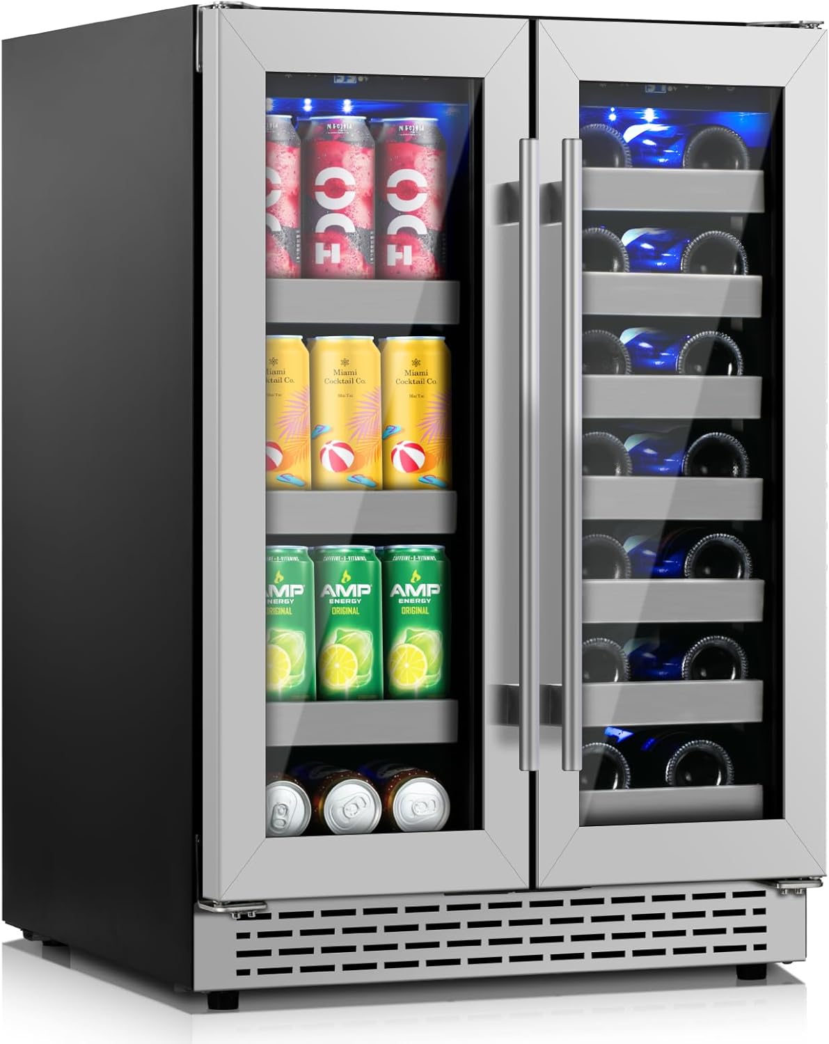 24 Inch Wine and Beverage Refrigerator, Dual Zone Wine Fridge Under Counter, 20 Bottle & 88 Cans Wine Cooler Refrigerator with Glass Door & Stainless Steel Shelves for Beer Commercial Office