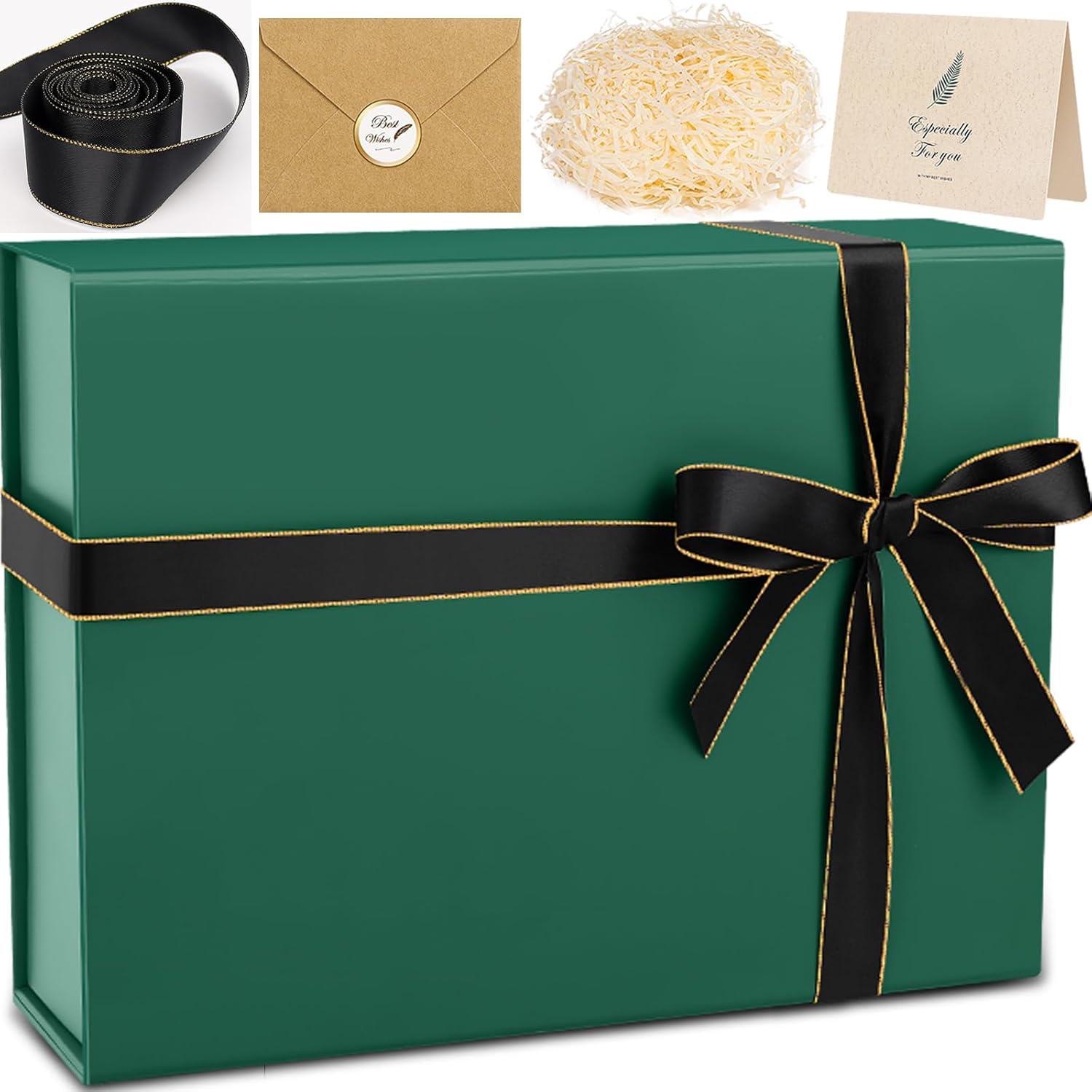 Donyang Green Christmas Gift Box, 13"x10"x4" Holiday Gift Boxes for Presents, Gift Wrap Boxes for Women Men, Large Luxury Gift boxes with Magnetic Lids Card Ribbon Shredded Paper Filler