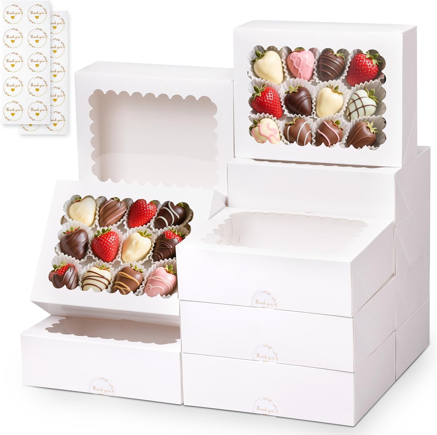 20pcs Cookie Boxes with Window for Holiday Gift Giving, Auto-Pop-Up 8x6x2.5 inches White Bakery Boxes for Treat, Pastry, Desserts, Chocolate Strawberry and Donut