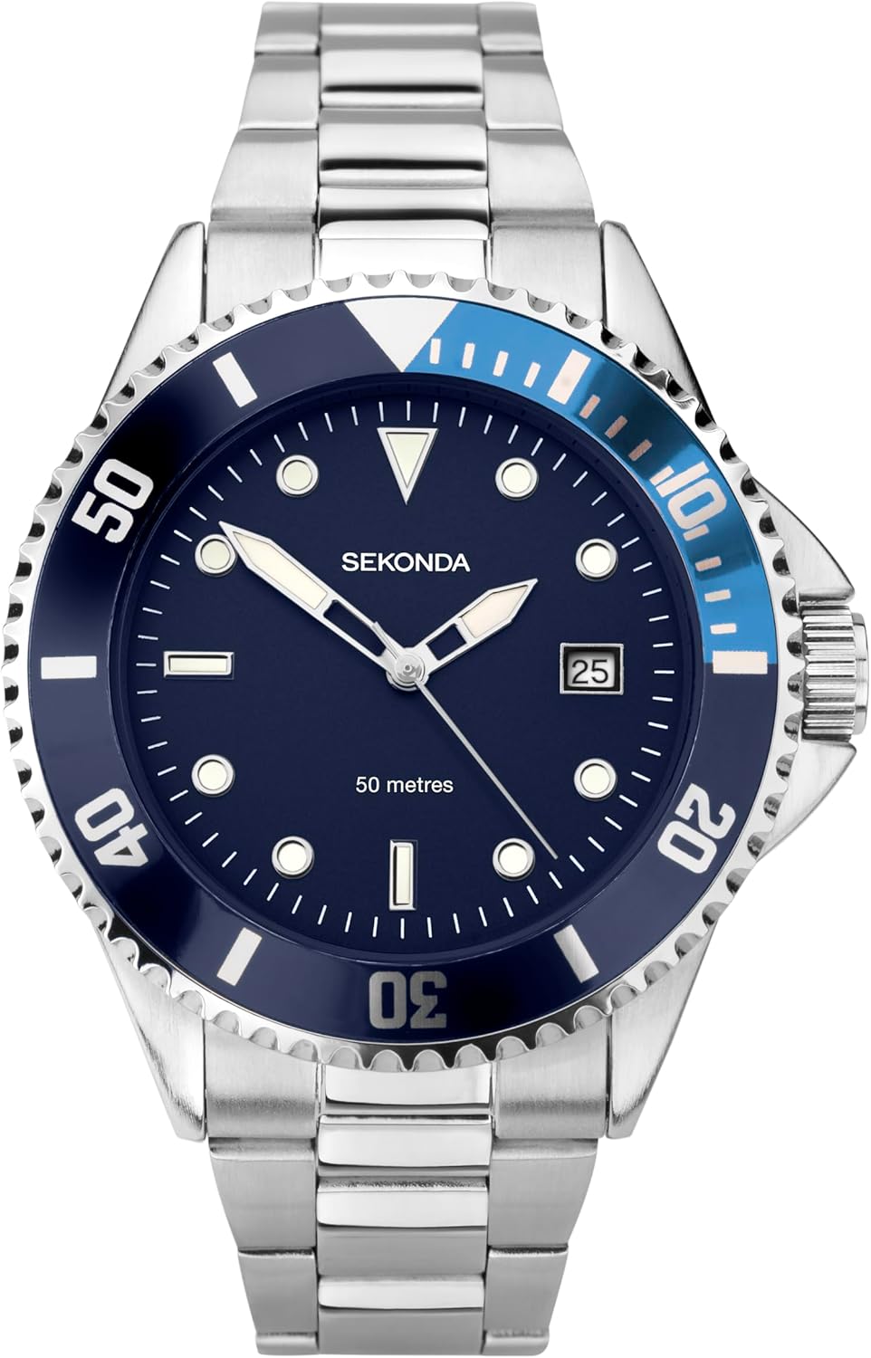 Sekonda Wave Mens 39mm Sports Watch Stainless Steel Bracelet with Date Window 50m Water Resistant Rotating Bezel