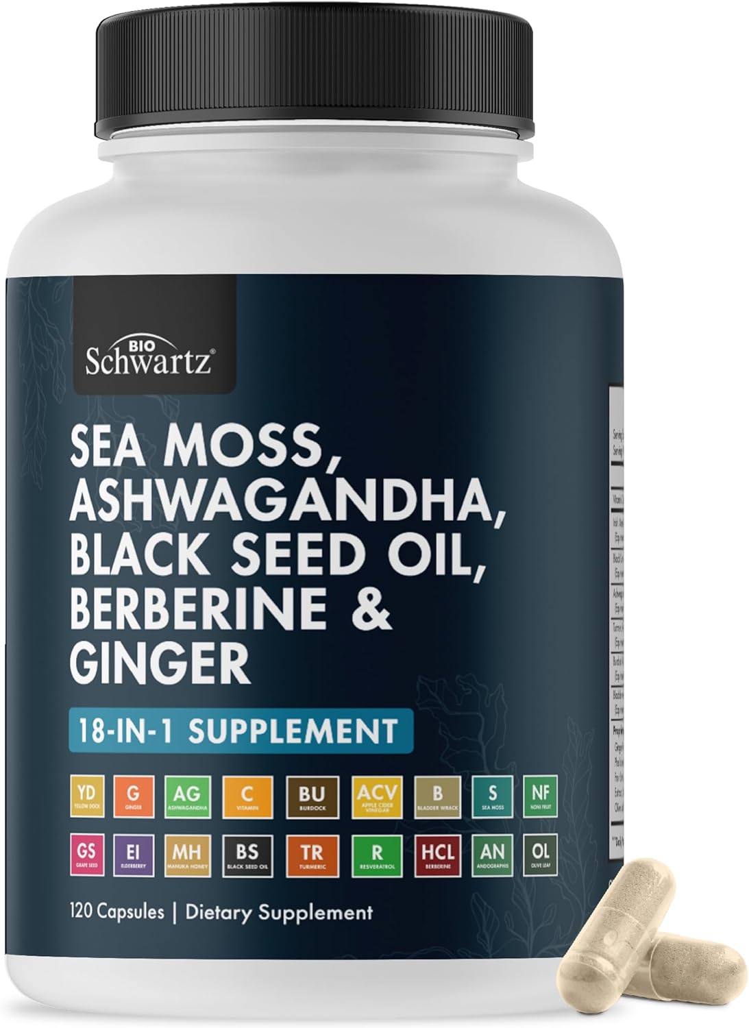 BioSchwartz Sea Moss Black Seed Oil Ashwagandha Ginger Supplement with Turmeric Berberine HCI Burdock Bladderwrack Resveratrol Elderberry Manuka Honey Apple Cider Vinegar ACV - 120 Sea Moss Capsules