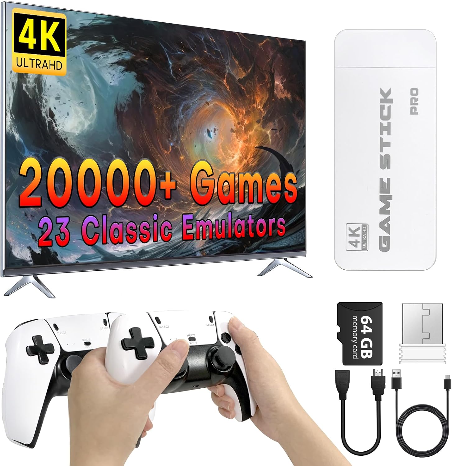 Retro Gaming Console, 23 Emulators, 4K HD HDMI TV Game Stick, Includes 2 Wireless 2.4GHz Controllers,Plug & Play Video Games for TV(64GB)