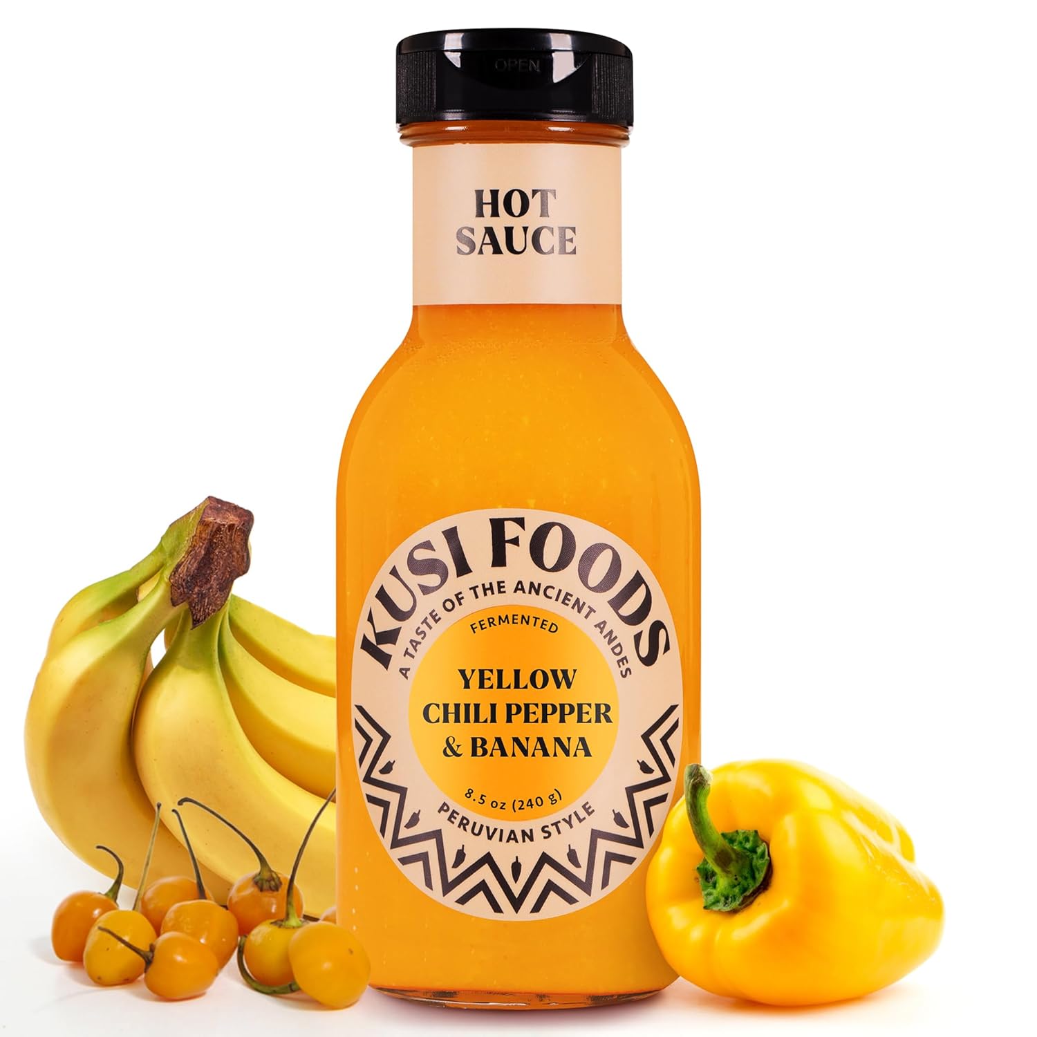 Kusi Foods Peruvian-style Hot Sauce, Made with Yellow Chili Peppers, Banana and Aji Charapita, Sweet and Slightly Spicy, Fermented 50 days, 8.5 oz
