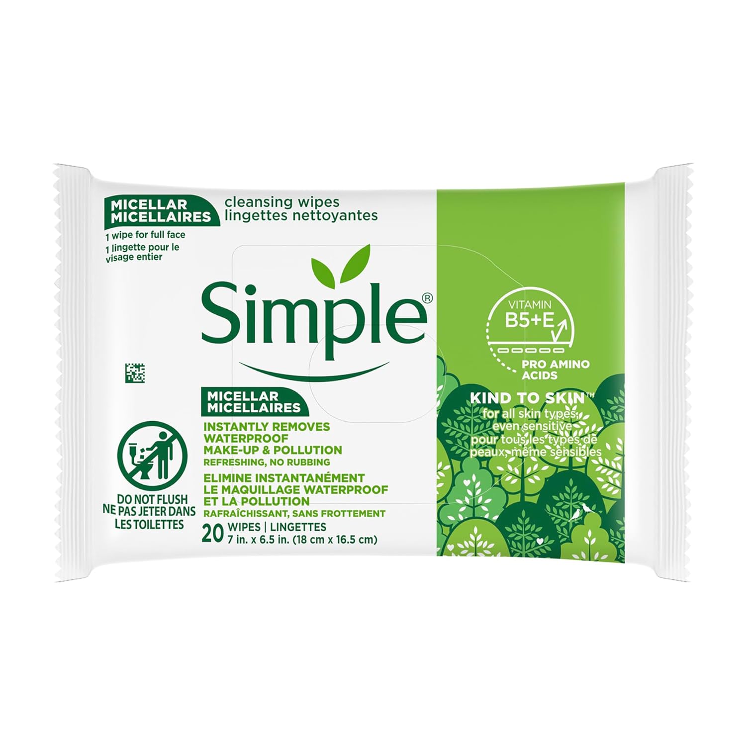 Simple Kind to Skin Cleansing Wipes Micellar Gentle and Effective Makeup Remover Free from color and dye, artificial perfume and harsh chemicals 25 Wipes