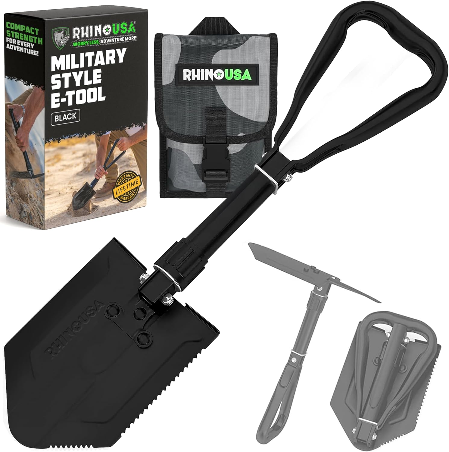 Rhino USA Folding Survival Shovel with Pick - Military Entrenching Tool