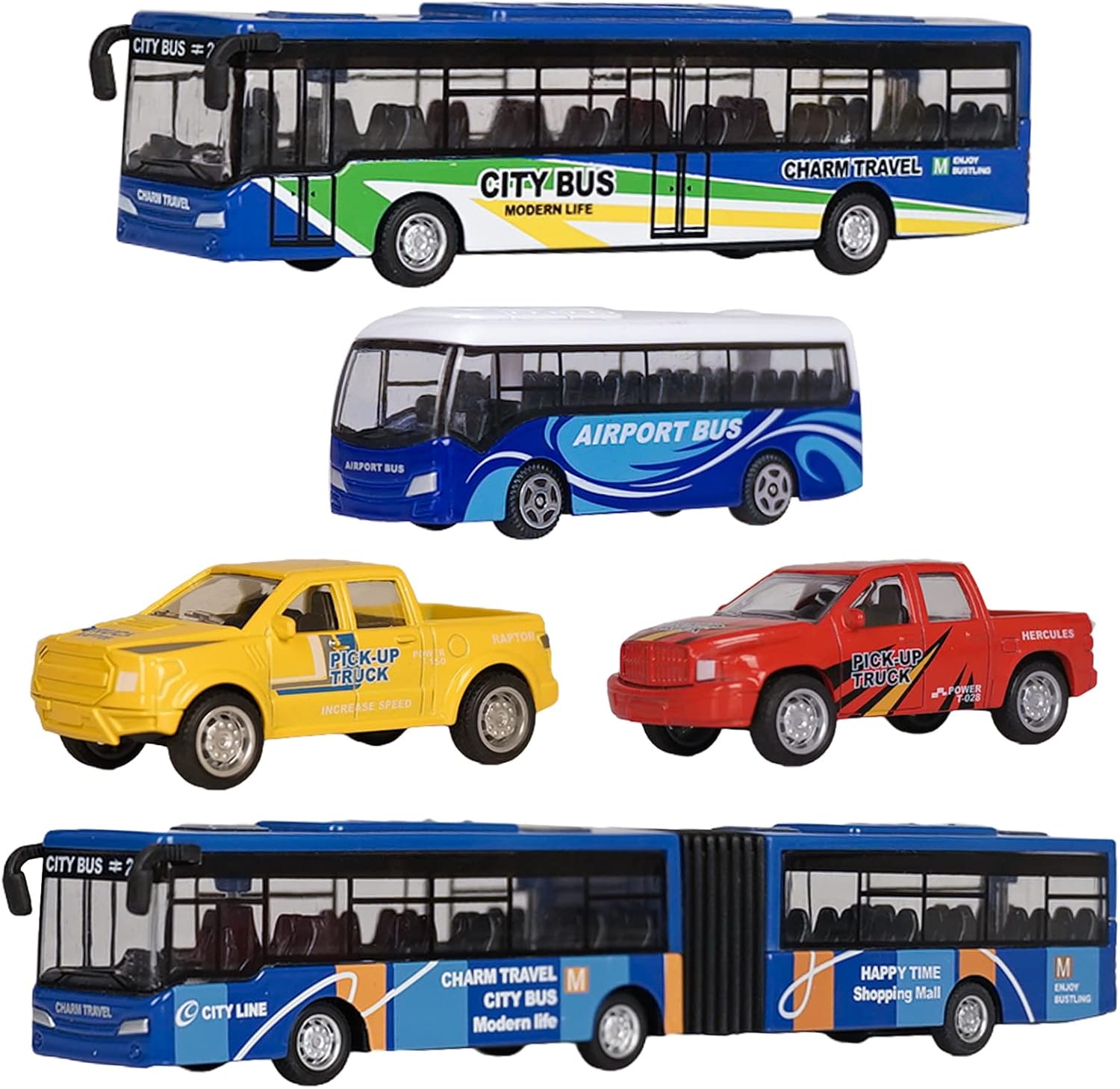 Crelloci 5Pcs Bus Toy Die Cast Pull Back Model Bus Set 3 Stagecoach Coach City Buses and 2 Mini Pickup Truck Kids' Play Car Set 3 4 5 Year Old Boys Girls Toddlers