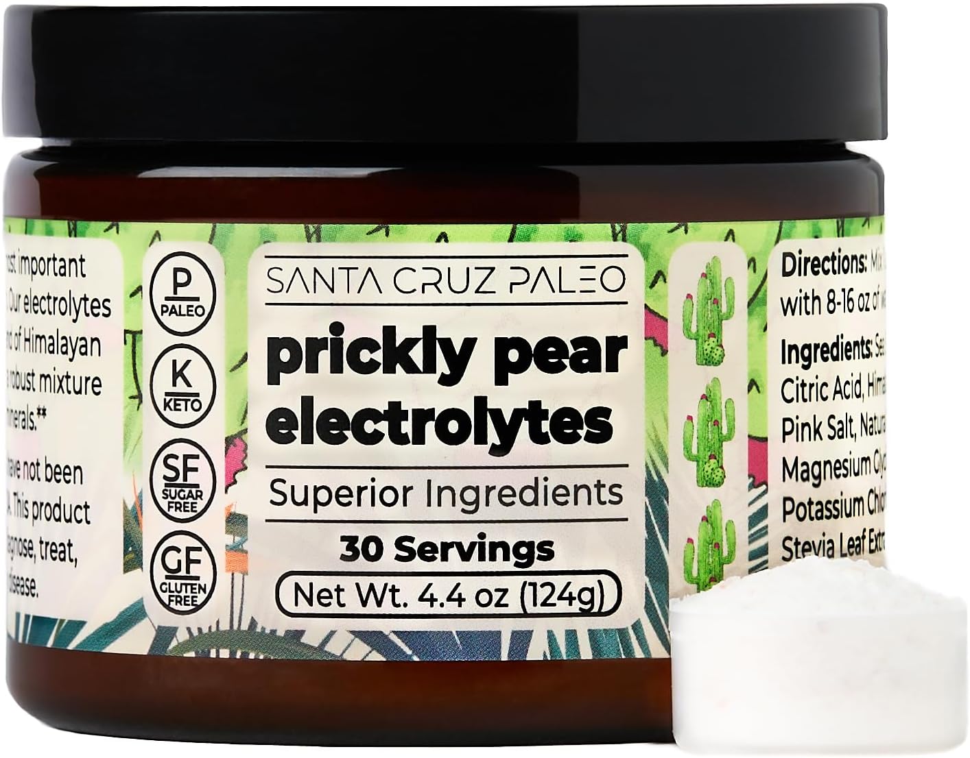 Santa Cruz Paleo Electrolyte Powder, Prickly Pear Flavor, Sugar Free Hydration Drink Mix with Himalayan Pink Salt, Sea Salt, Magnesium Glycinate, Potassium Chloride, Sweetened with Stevia, 30 Servings