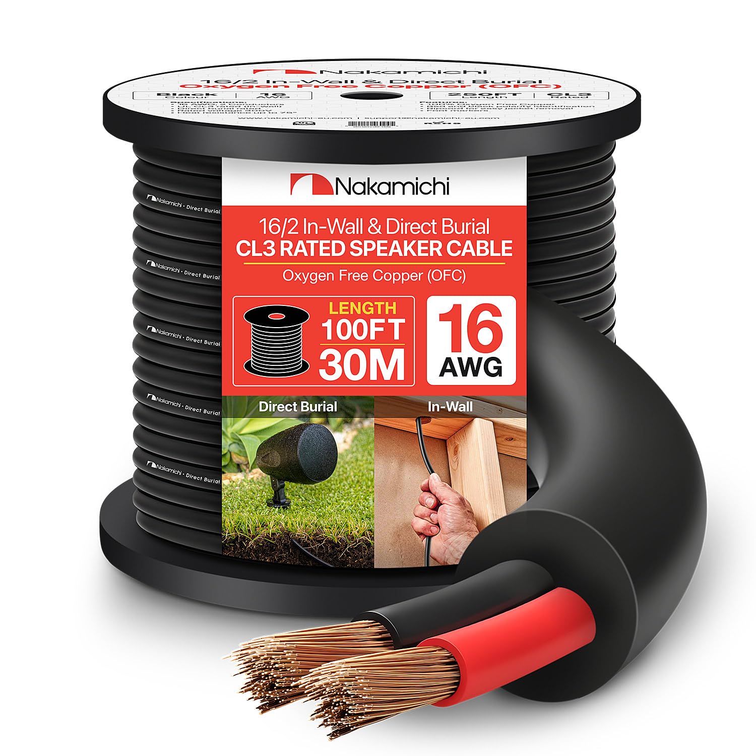 Nakamichi 16/2 (100-Foot) In-Wall & Direct Burial (UL CL2 CL3 Rated) 99.9% Oxygen-Free Copper (OFC) 2-Conductor Speaker Cable Wire, Outdoor In Ground, In Ceiling, Black (16AWG / 100ft / 30.48m)