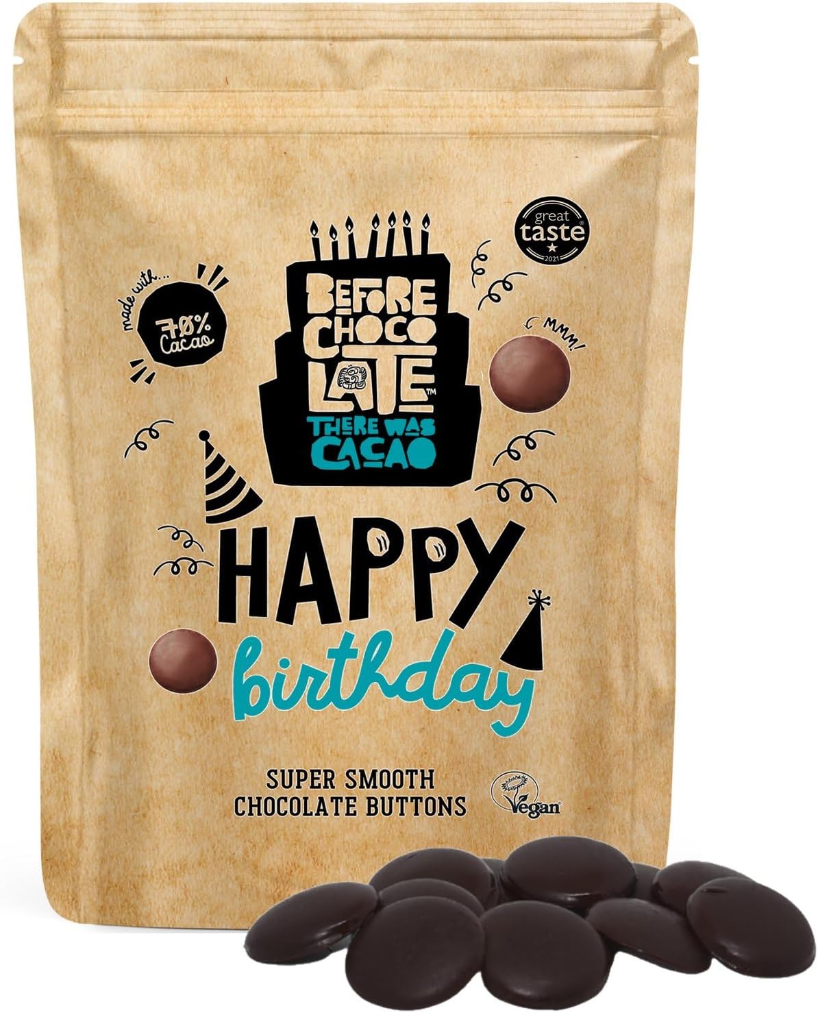 Before Chocolate - 'Happy Birthday' Vegan 70% Dark Chocolate Plain Buttons 100g - Dairy, Gluten, Nut & SOYA Free. Perfect for Gifting.