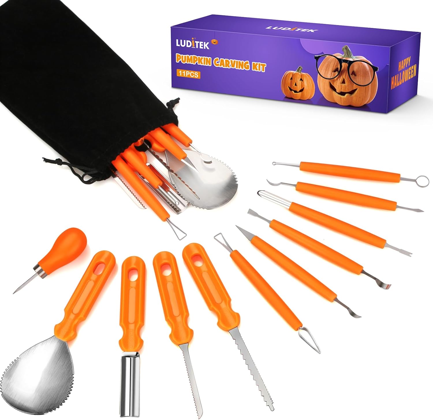 Luditek Halloween Pumpkin Carving Tools, Halloween Jack-O-Lanterns 11 Piece Professional Stainless Steel Pumpkin Carving Kit, Pumpkin Cutting Supplies Tools Kit for Adults Kids