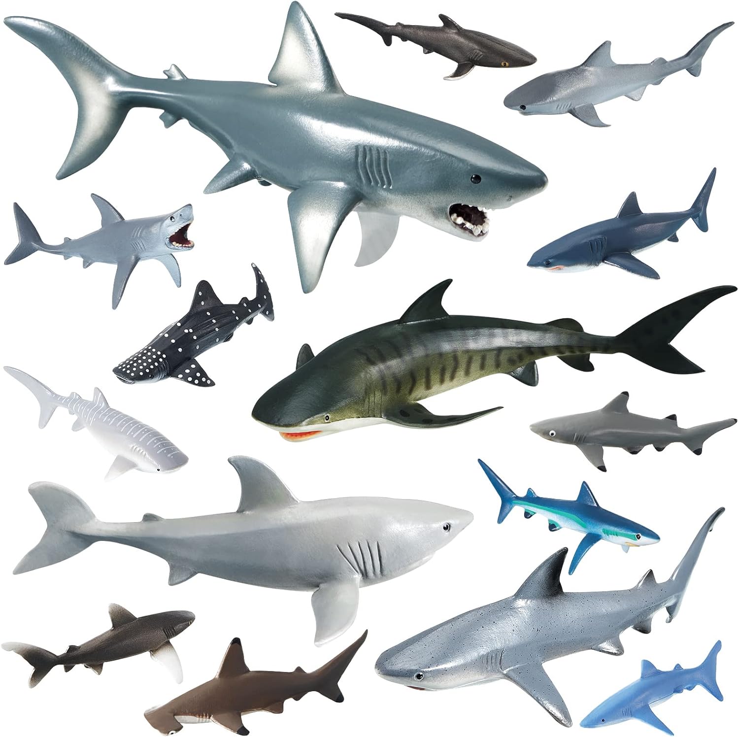 15 Pcs Plastic Shark Toys - Assorted Ocean Animal Figurines, Realistic Bath Toys, Sea Creature Figures, Marine Animals for Kids Birthday Party Favor, Cake Topper, Cognitive Toy