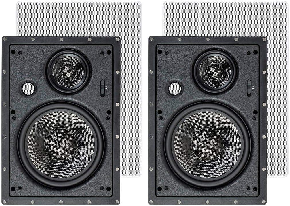 Monoprice 3-Way Carbon Fiber In Wall Speakers - 8-Inch, Pair, With Paintable Magnetic Grille, Black - Alpha Series