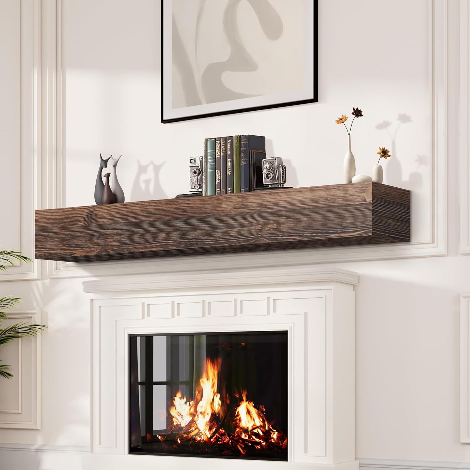 60 Inch Fireplace Mantel, Handcrafted Mantel Shelf for Over Fireplace, Wood Mantel with Invisible Heavy Duty Bracket, Wood Floating Shelves for Wall-Mounted, 60 Inch, American Brown