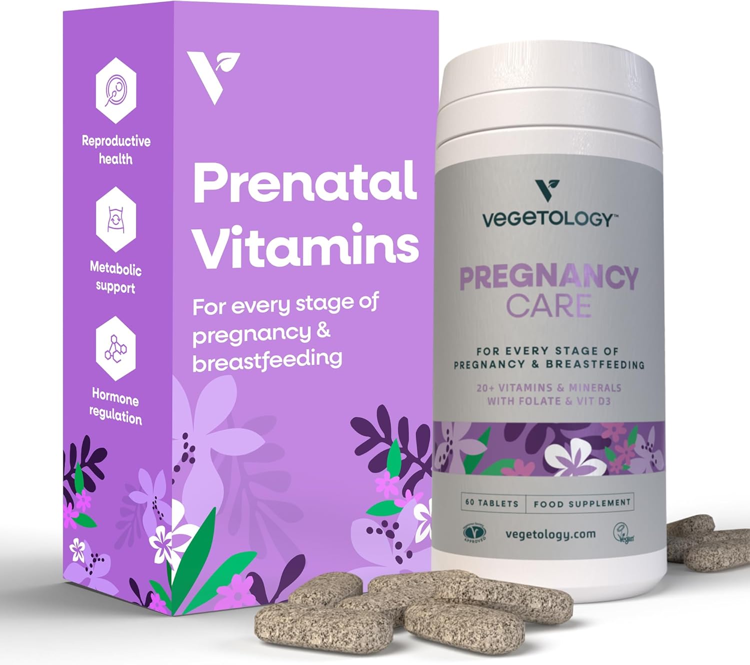 Vegetology Vegan Pregnancy Vitamins for Women, Prenatal and Postnatal Supplement for Breastfeeding, with Over 20 Nutrients, Including Folate, for Every Stage of Pregnancy, 60 Tablets