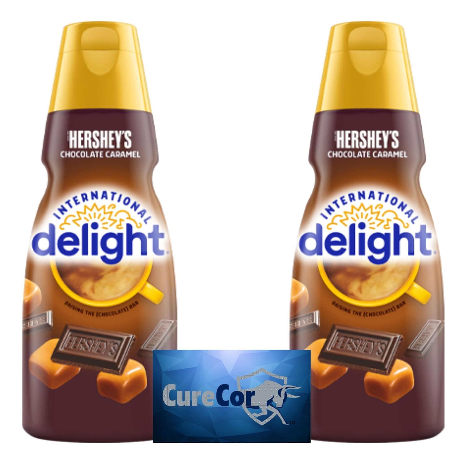 CURECOR International-Delight Liquid Coffee Creamer.- Two (2) 32 fl oz Bottles of Creamy Smooth Delightful Coffee Creamer and One Authentic Collective Sticker! (Chocolate Caramel)