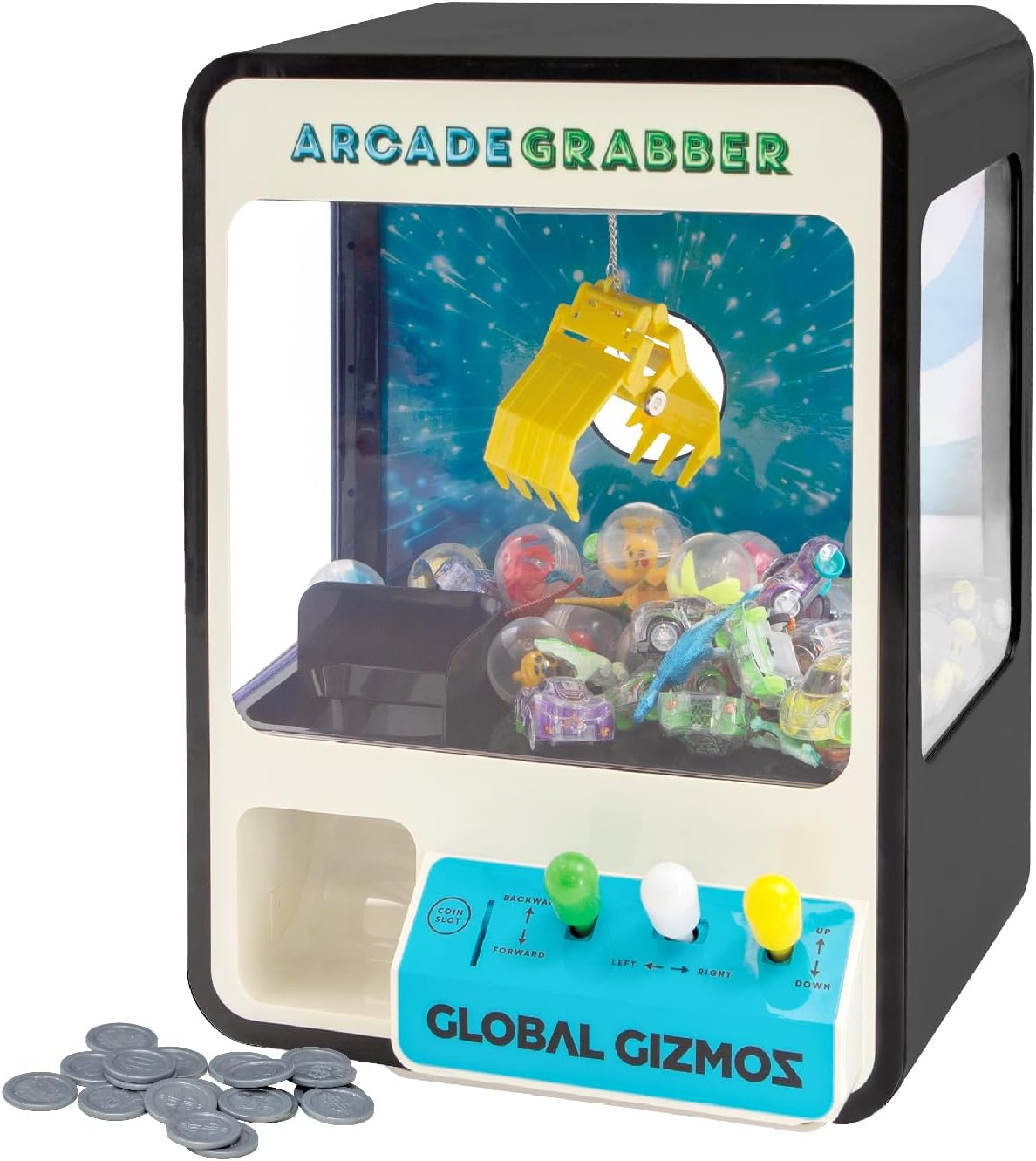 Global Gizmos 50189 Candy Grabber/Claw Machine Arcade Game for Kids/Joystick Controls/Coins Included/Battery or USB Powered/Black Colour