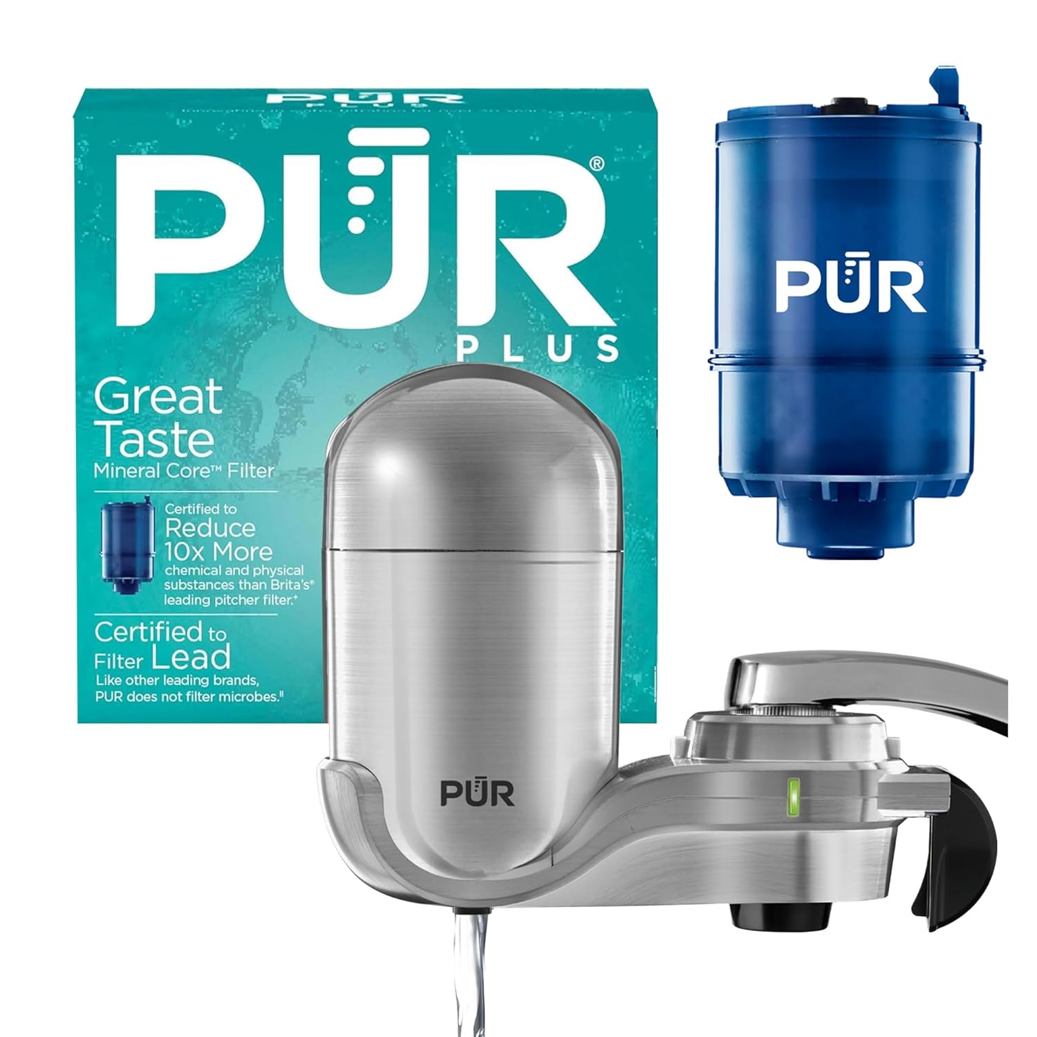 PUR PLUS Vertical Faucet Mount Water Filtration System, Lead-Reducing Filter, Great-Tasting Water, Easy Install, Lasts 100 Gallons, Compatible with Sinks with External Aerators, Chrome