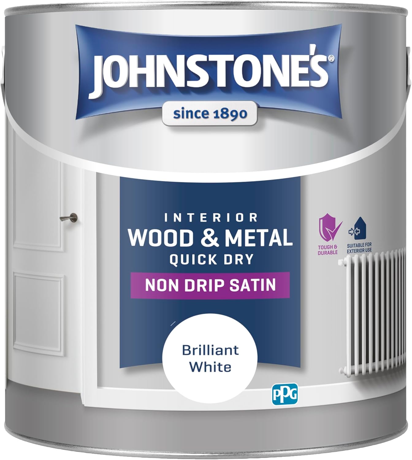 Johnstone's - Wood & Metal Paint - Satin Finish - Brilliant White - 2.5L - Water Based - Non Drip & Quick Drying - Radiator Paint - Low Odour - Dry in 1-2 Hours - 8m2 Coverage per Litre